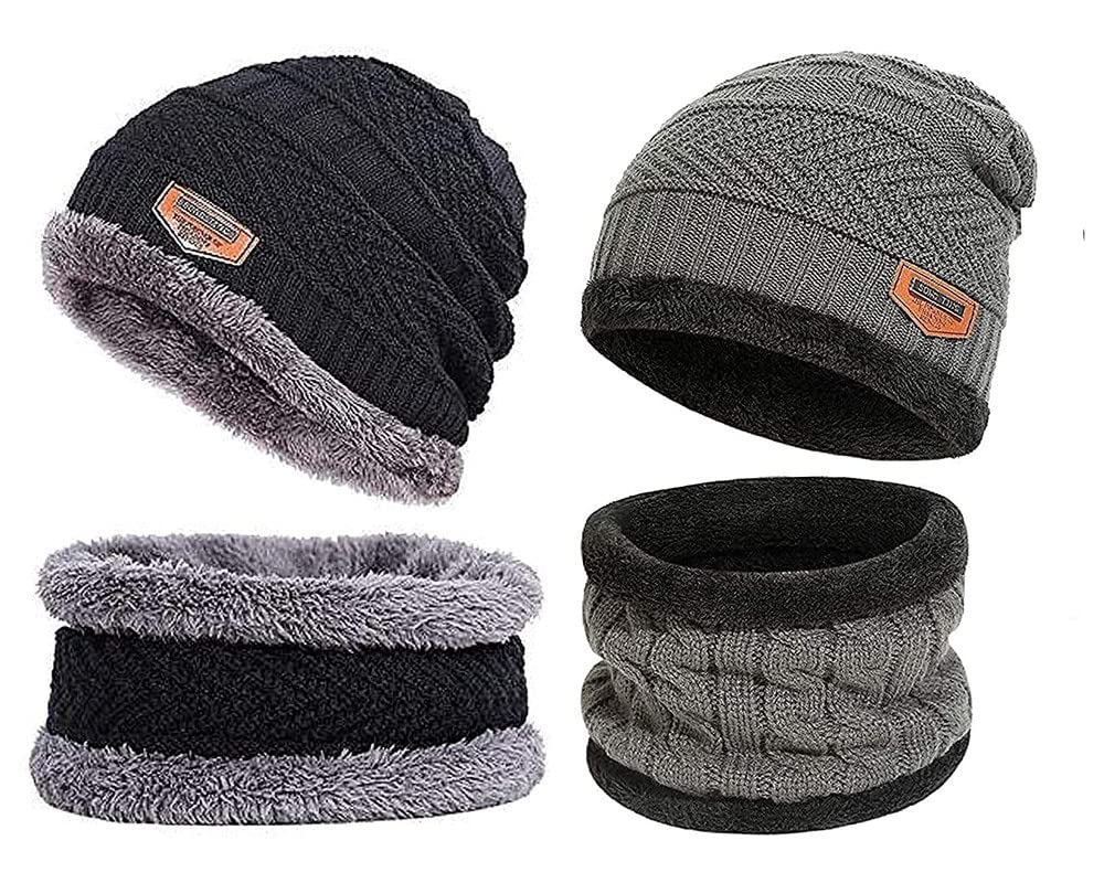 stylisty ind 2 Pairs Men's & Women's Snow Proof,Inside Fur, Warm Woolen Cap with Neck Muffler/Neck Warmer/Scarf for Winters - Free Size (Black and Grey)(Unisex Beanie Cap with Neck Warmer Set -05)-picture-48