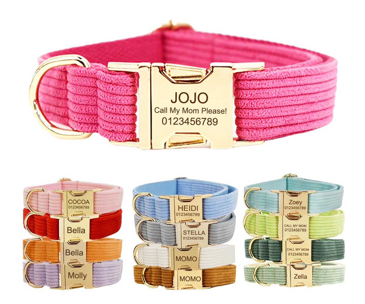 Custom Dog Collar with Metal Buckle - Pet Collars Personalized with Name and Phone Number (Corduroy) — image 1
