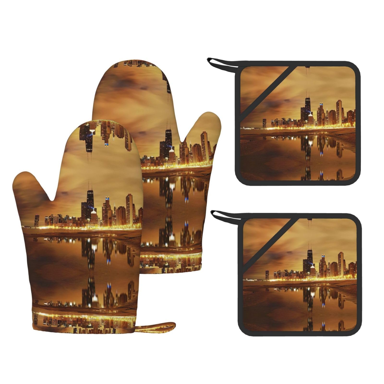 Chicago Trendy Printed Kitchen Set with Heat Resistant Gloves & Non-Slip Hot Pads for Baking & Grilling