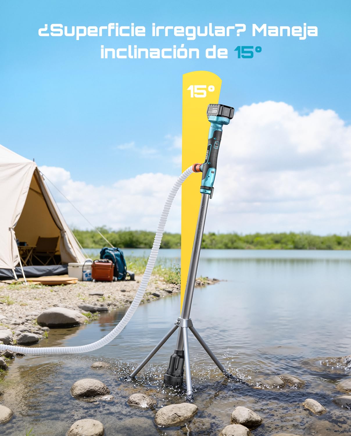 SEESII Kabelloses Stab-Wassertransferpumpe mit Stativ, Freihändige Nutzung | 2725 L/h & 10M Förderhöhe, 2×4.0Ah Akkus, Tragbares Design, für Pool, Bootsbilge, Garten, Regentonnen & Keller