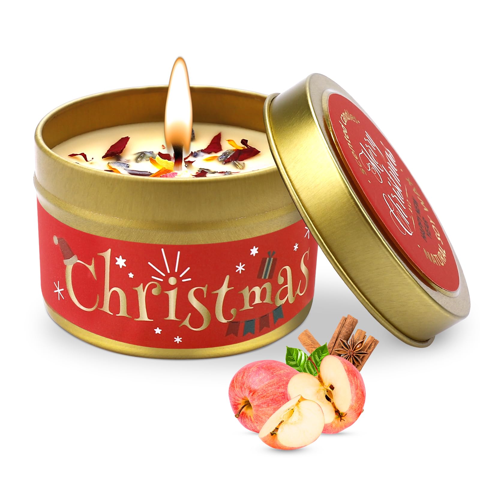 Christmas Scented Candle, Portable Tin Christmas Candle with Healing Crystals & Dry Flowers, Xmas Candles Scented, 3.5 Oz Red