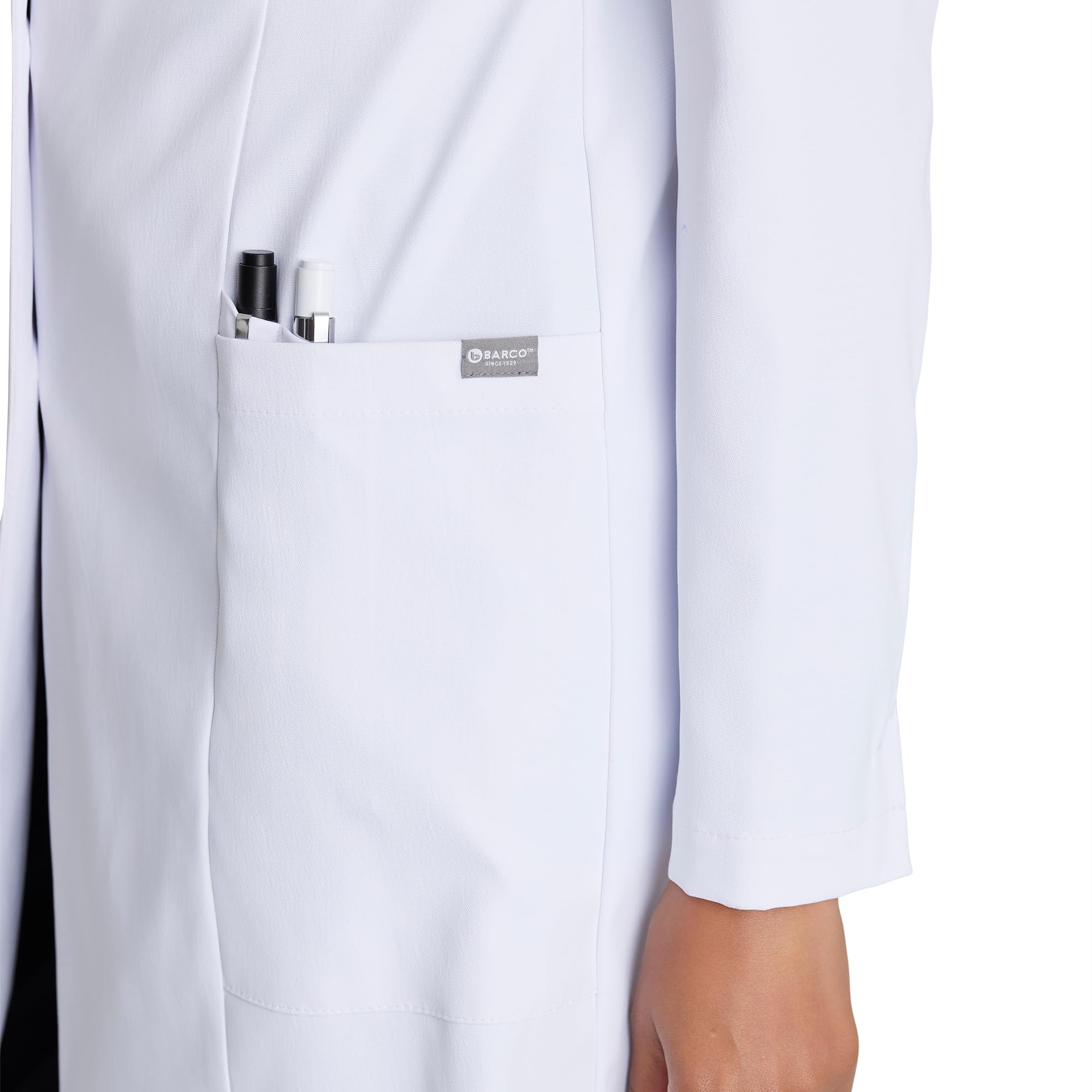 BARCO Grace - Abrigo de laboratorio para mujer, profesional, 3 bolsillos, cierre de 3 botones, manga larga, 35 pulgadas, abrigo de laboratorio para mujer
