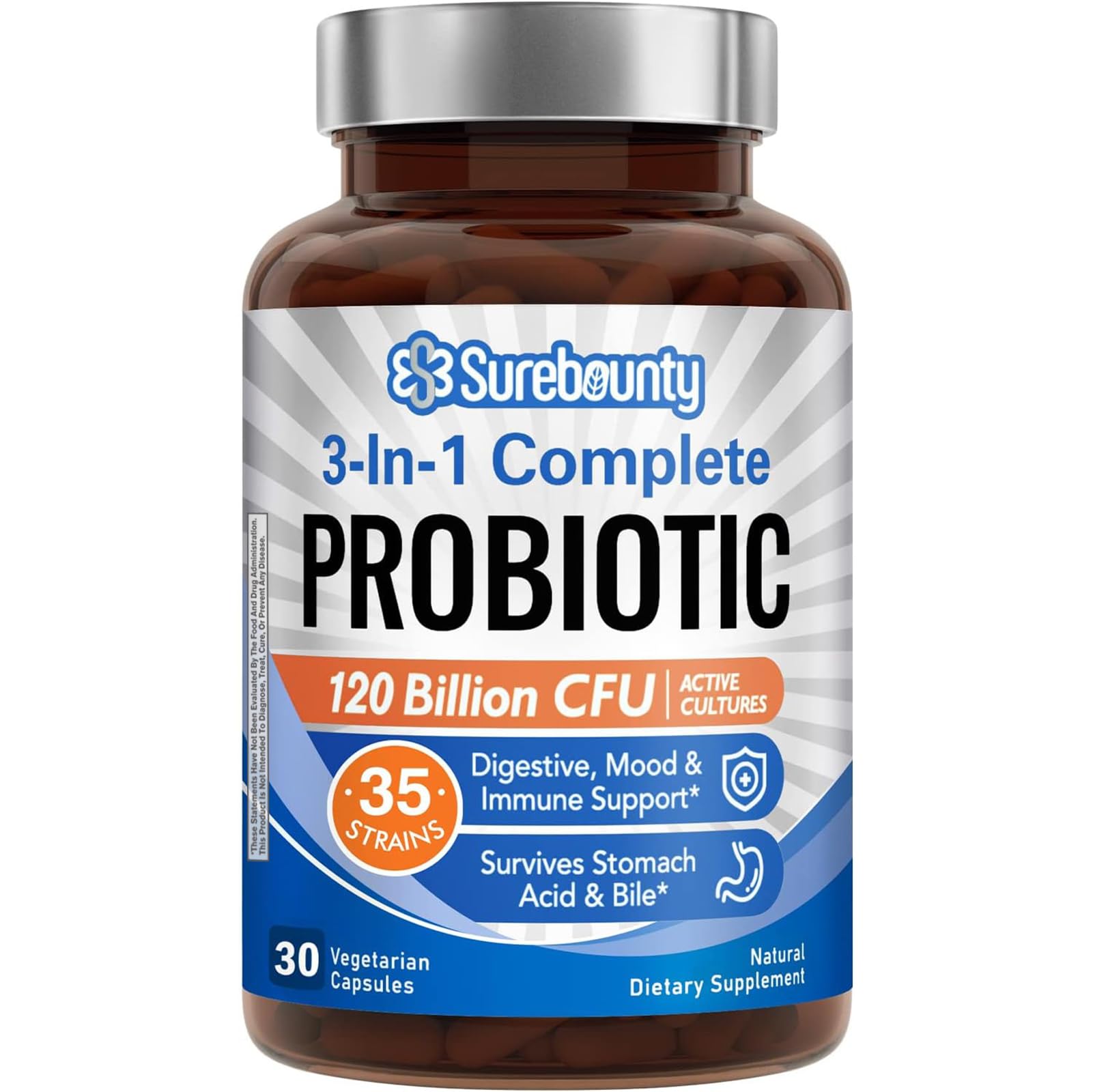 Probiotics 120 Billion CFU, Probiotics for Men & Women, Prebiotics + Digestive Enzymes, Highest Potency, 3-in-1 Complete Probiotic, Digestive Support, 30 Caps