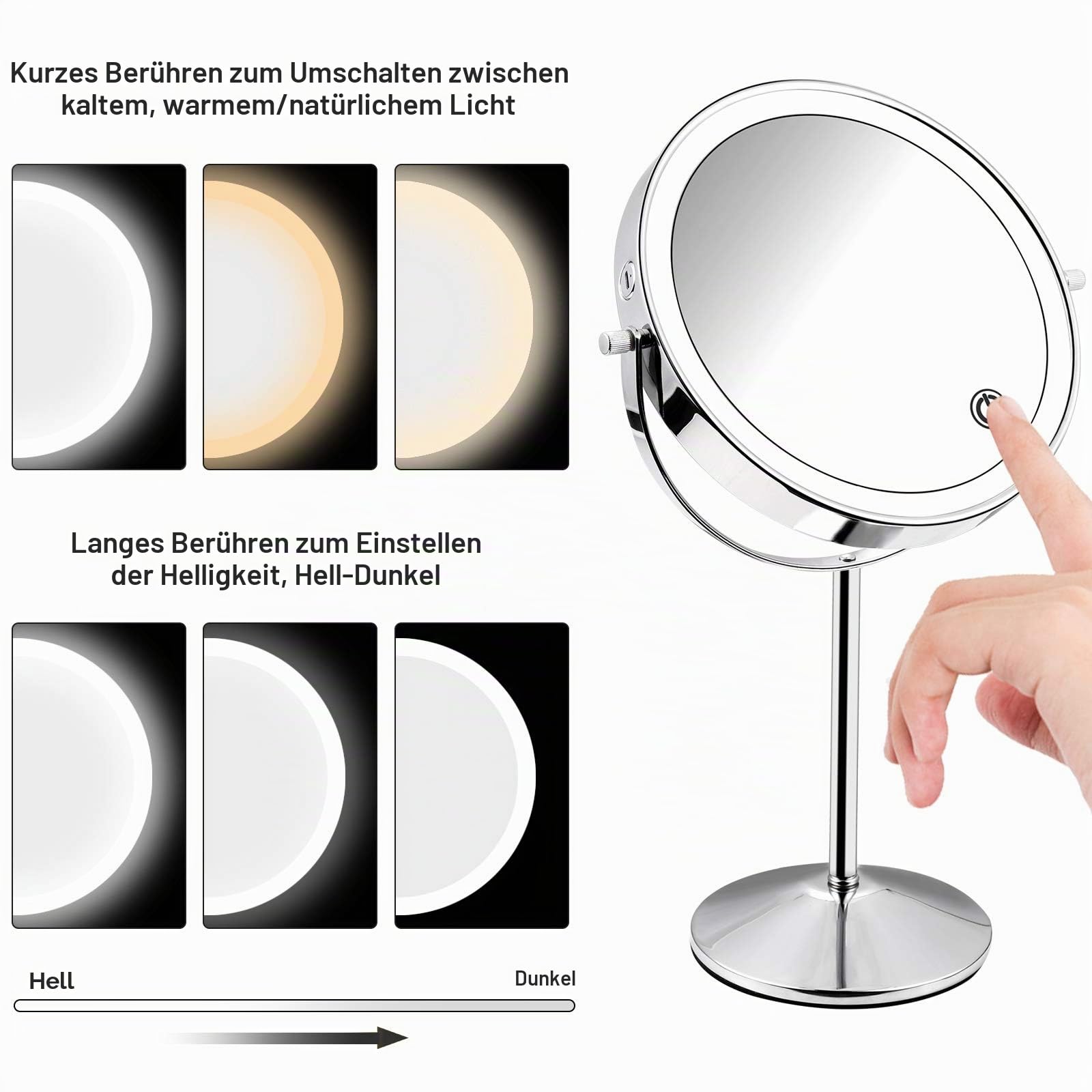 Schminkspiegel Doppelseitig 1X 7X Kosmetikspiegel Desktop Makeup Spiegel, Durchmesser 16.5cm 360° Schwenkbar Einstellbarer Touchscreen, 3 Lichtfarbe Helligkeit, Vergrößerungsspiegel mit Licht
