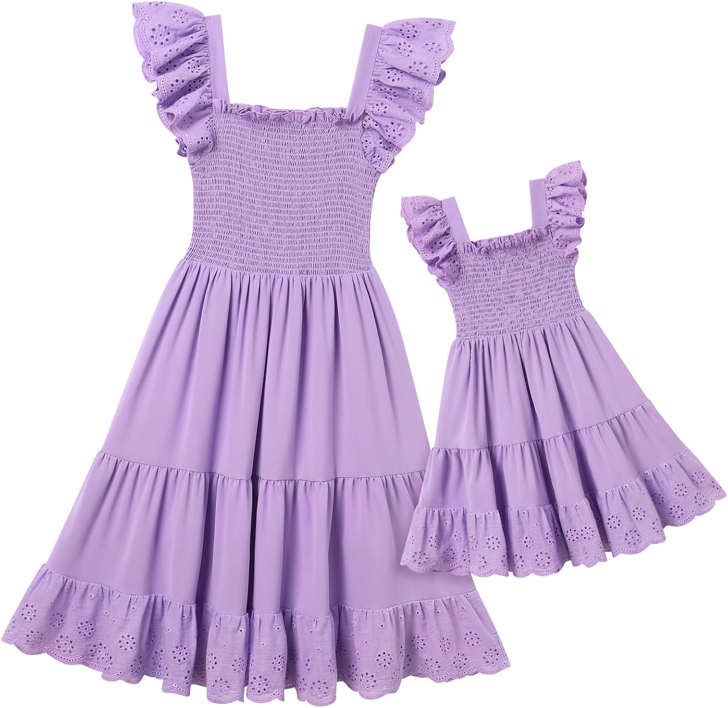 AWIBMK Mommy and Me Dress Boho Summer Casual Holiday Mother Daughter Matching Ruffle Sleeve A-line Tiered Smocked Dress - Image 2