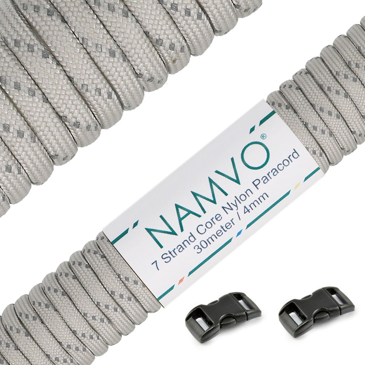 Namvo Grey Reflective 550 Paracord Mil Spec Type III 7 strand parachute cord 100ft / 30 Meters