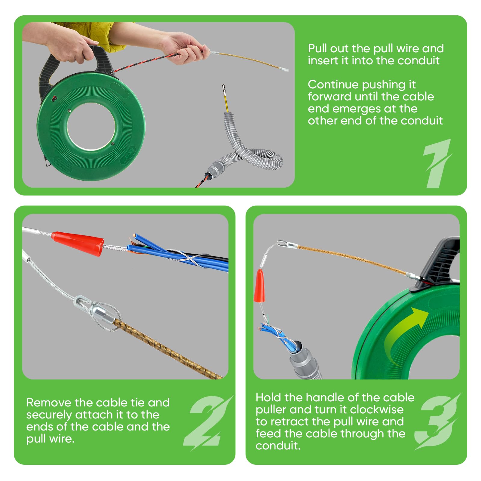 Sonda Passacavi Professionale 30 M,Sonda Elettricista Acciaio Con 1 Tiracavo,2 Morsetti Per Cavi,360° Testa Rotante Del Rullo,Tiracavo Elettrico 5 Mm Per Lavori Elettrici E Di Cablaggio,Verde Scuro