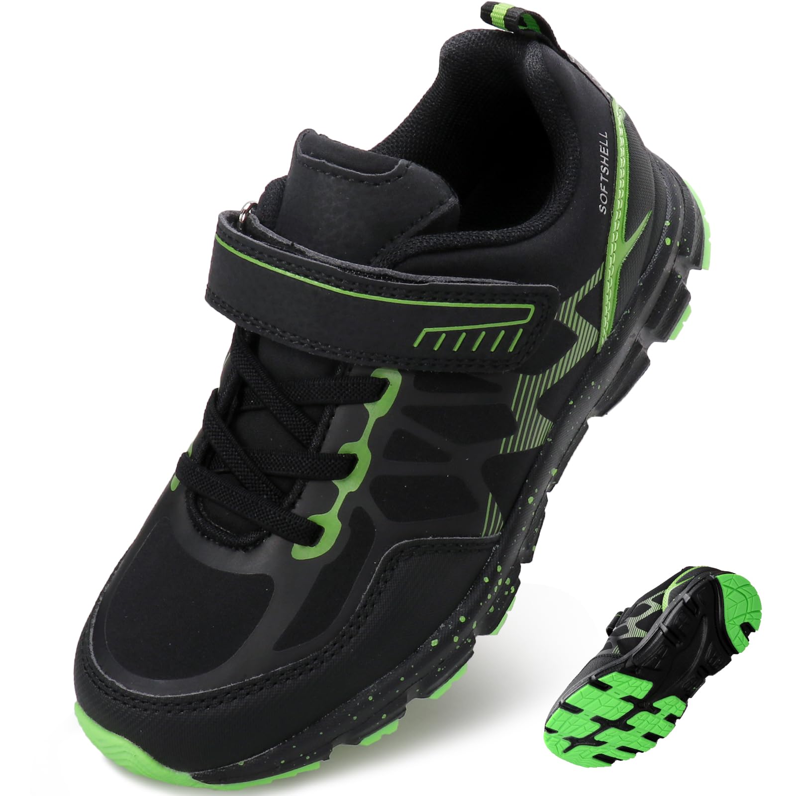 UOVO Boys Running Shoes Kids Waterproof Hiking Tennis Fashion Sneakers Breathable Lightweight Non-Slip Outdoor Walking Sports Trail Shoe Black/Green 2