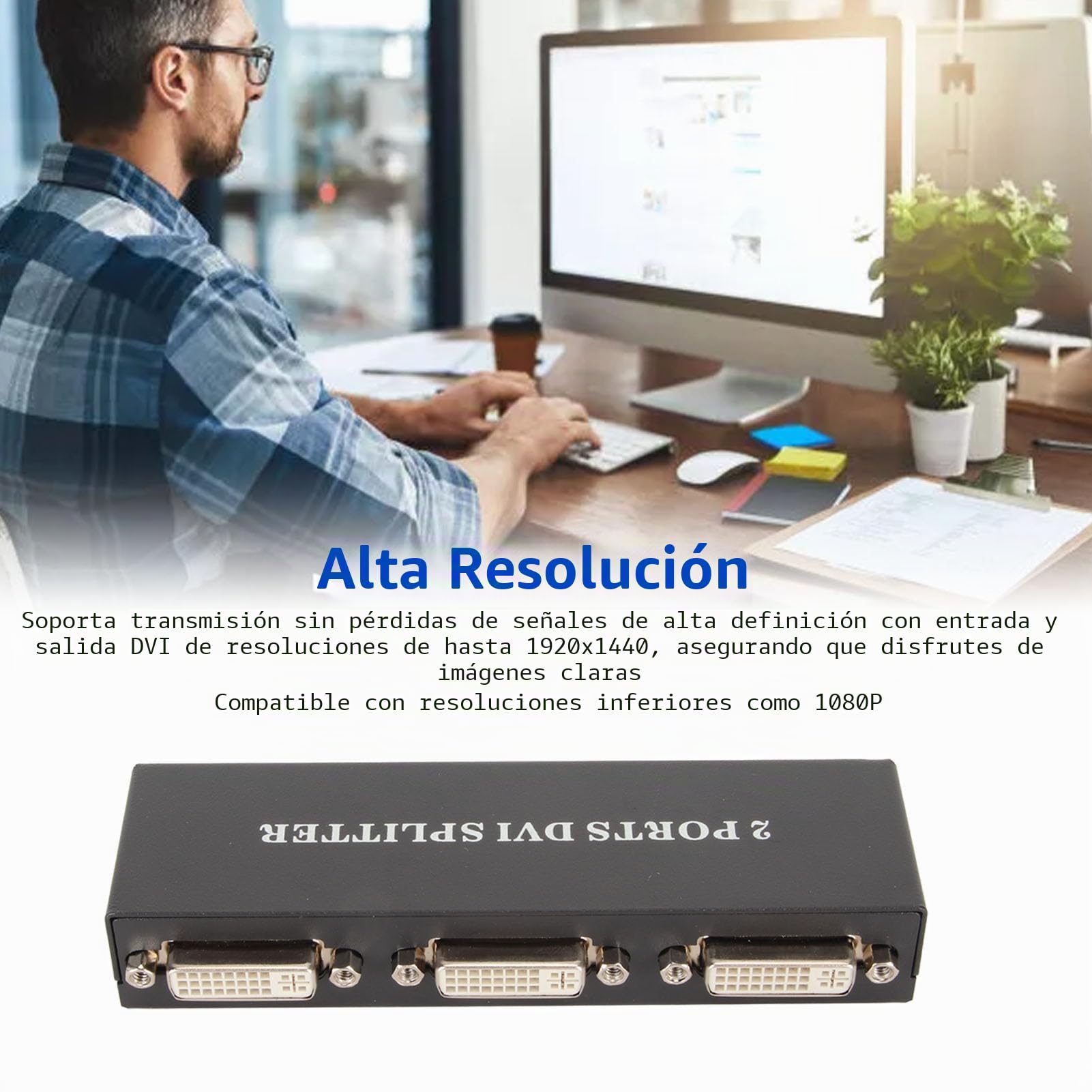 1x2 DVI Splitter, 1 In 2 out 1920x1440 HD 1080P 2 Puertos DVI Input Lossless Signal Transmission, DVI Video Splitter para PC HDTV Projector (Enchufe de la UE)