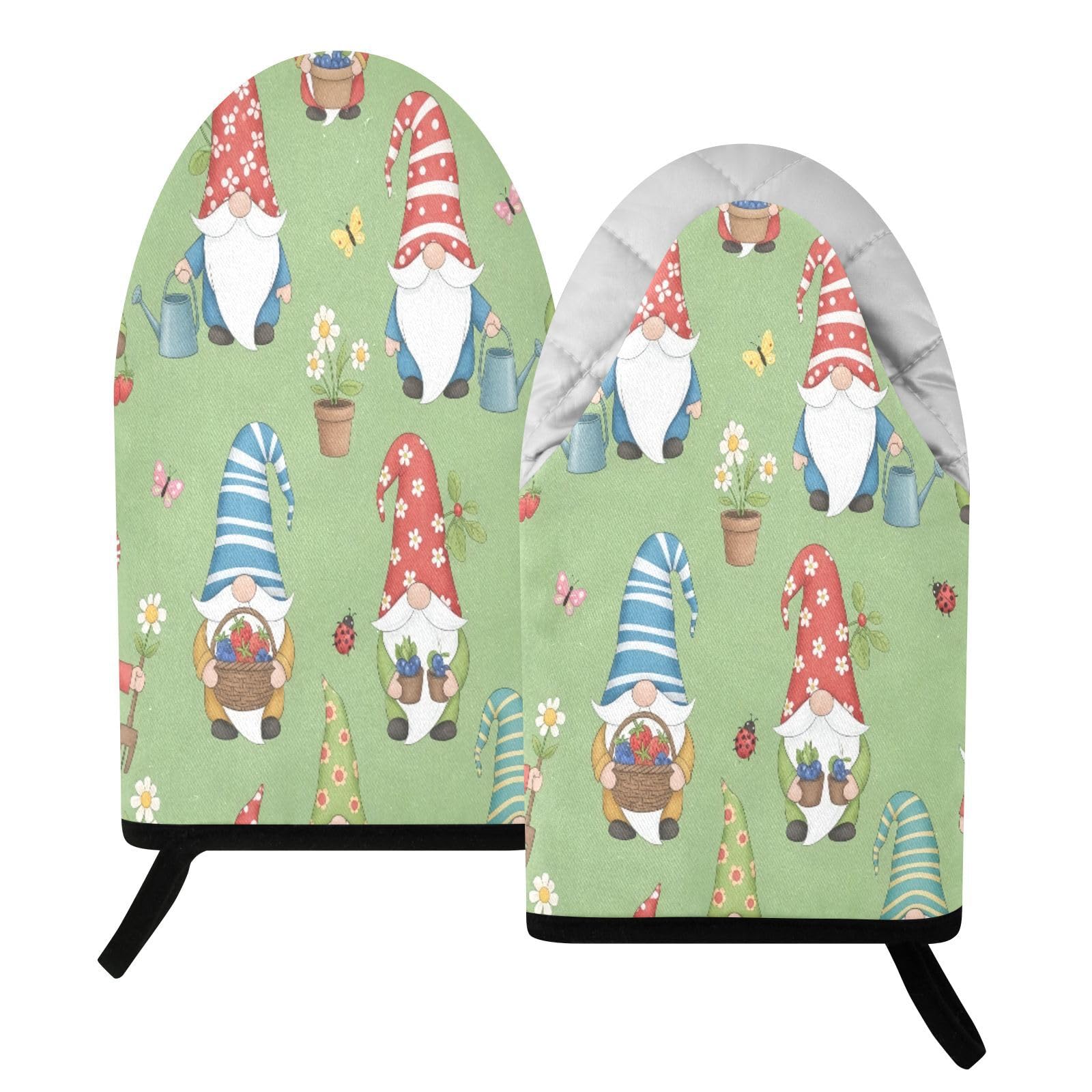 BURSTDDY Flowers and Gnomes Oven Mitt,Heat Resistant Kitchen Mitts for Cooking