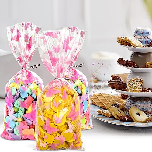 Miniatura 2 de Paquete de 100 bolsas de celofán de mariposa, bolsas de celofán rosa, bolsa de golosinas de mariposa, bolsas de dulces para baby shower, suministros