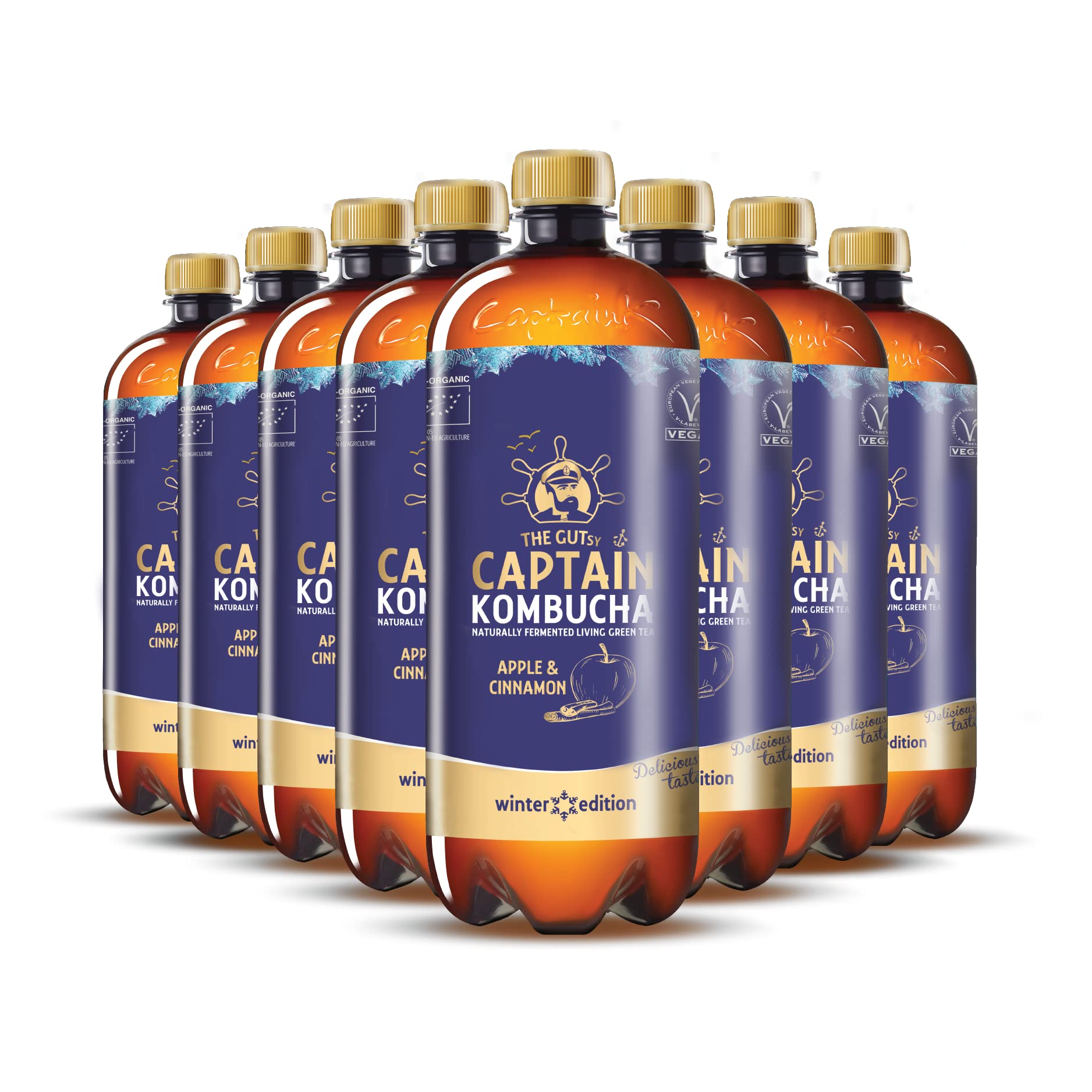 GUTsy Captain Kombucha Winter Edition - Limited Edition Premium Kombucha Tee, Lebendige Kulturen, Keine Konservanten, Unpasteurisiert, Roh und Vegan - Winter Edition Apple and Cinnamon (8x1l)