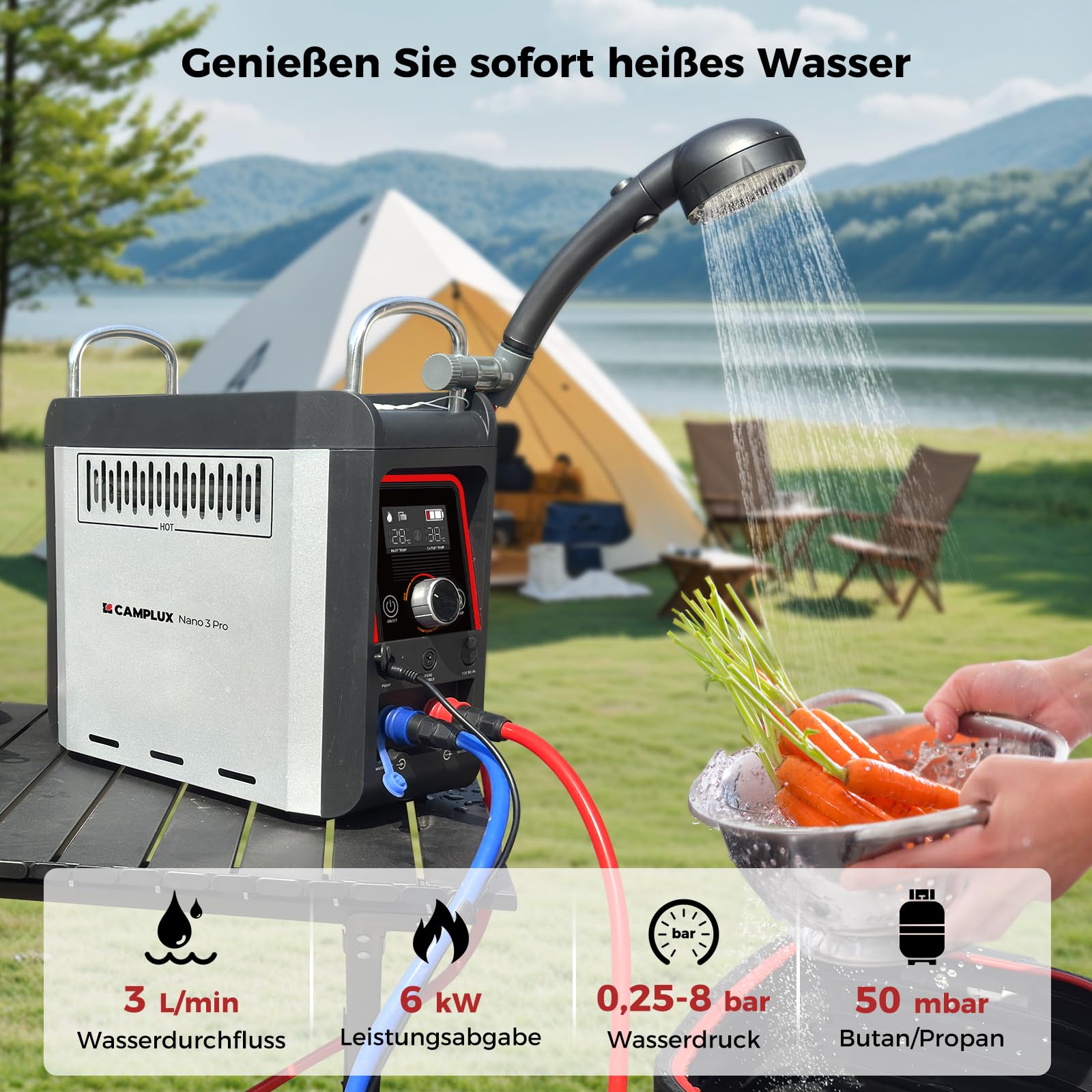 CAMPLUX Nano 3 Liter Gasdurchlauferhitzer Mobiler mit Wasserpumpe & Griff, 12 Volt, 50mbar LPG, für Campingdusche, Nano 3 Pro-DE