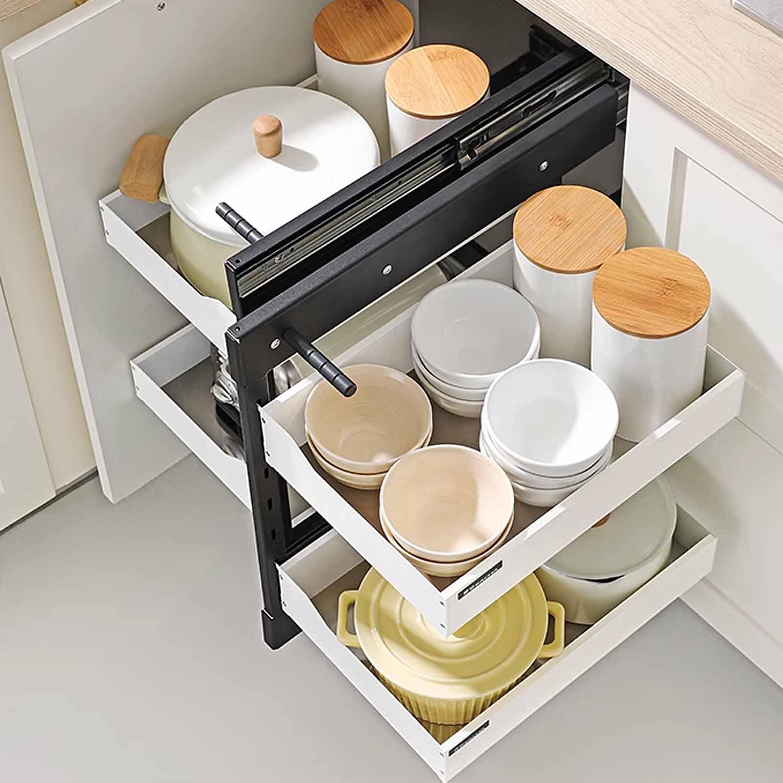 Organizador de cocina de 3 niveles debajo del fregadero con cajones de cierre suave, almacenamiento de esquina ciega, estante de especias de 4 estantes, contenedores blancos para gabinete para una