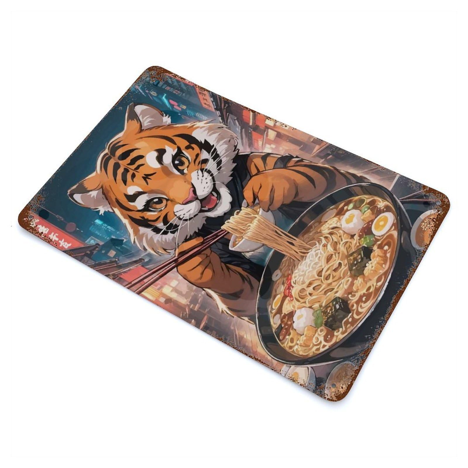 Retro Metal Sign Tiger Eating Ramen 11.8"x7.9", Decorative Metal Wall Art for Pub, Kitchen And Man Cave Decor