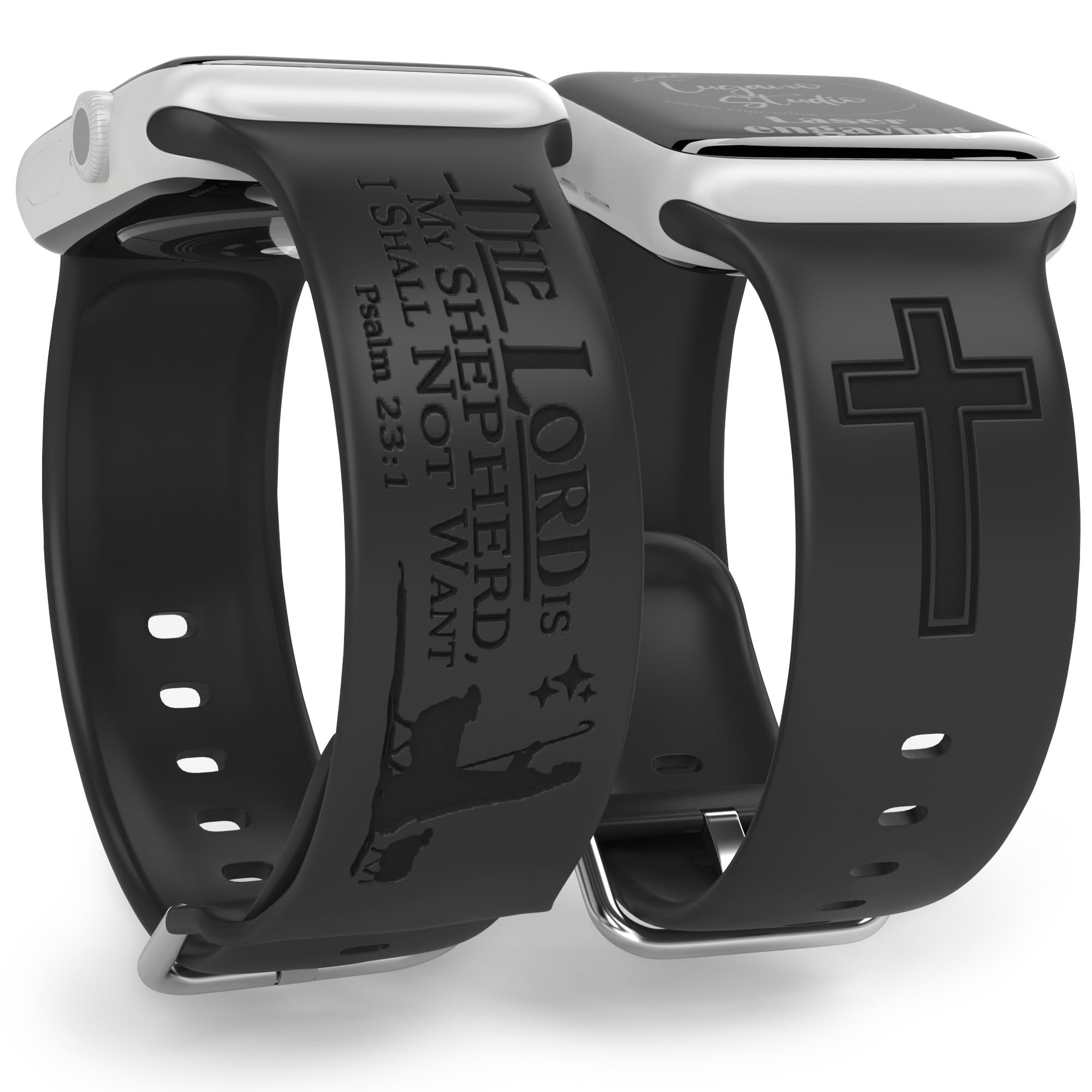 SuperLuganoThe LORD is my Shepherd Watch Band compatible with Apple Watch Laser Engraved iWatch Band Silicone 38mm 40mm 41mm 42mm 44mm 45mm 49mm Strap Jesus Psalm Christian God (38/40/41mm M/L, Black)