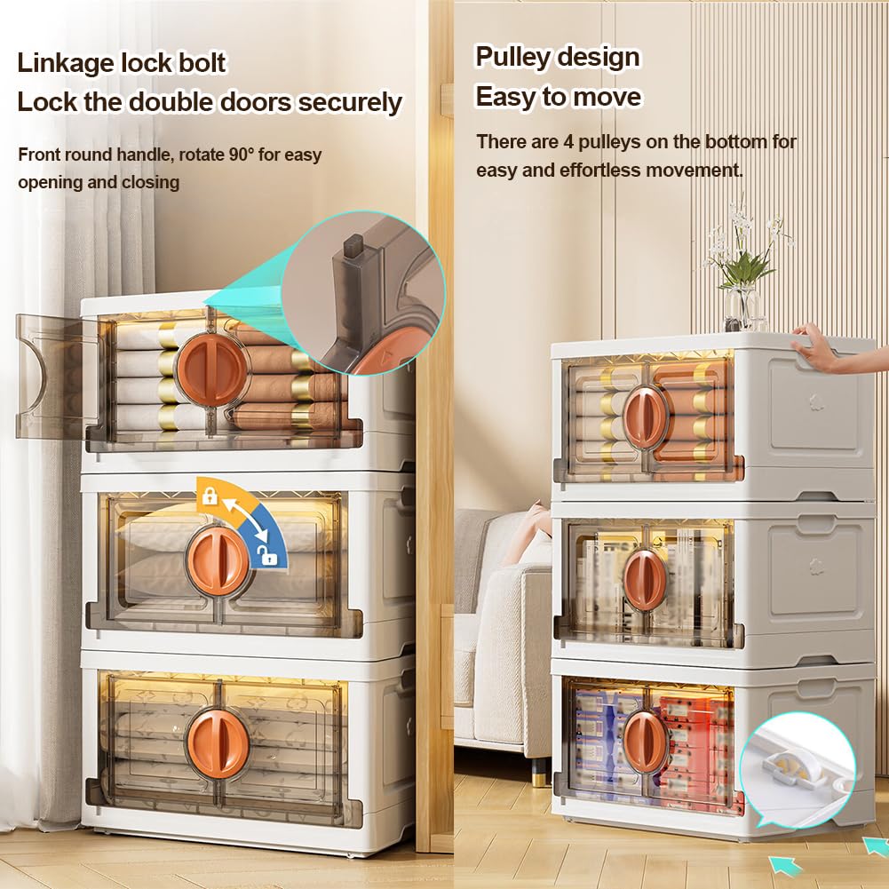 Cajas de almacenamiento apilables, cajas de almacenamiento de plástico con ruedas y asas, caja de almacenamiento plegable con hebilla de bloqueo para dormitorio, sala de estar, oficina, cocina y camp