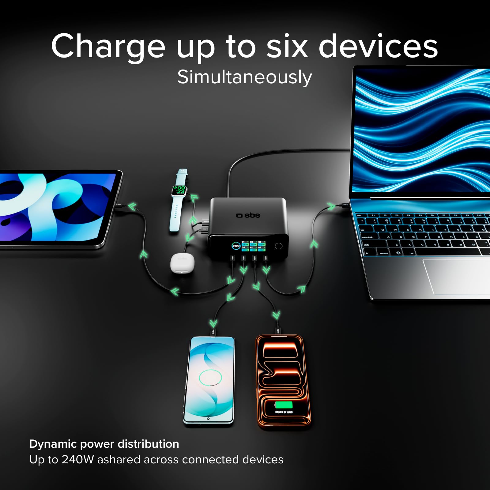 SBS Pulse Power Station 240W, Tecnologia GaN, Power Delivery (PD 3.1 PPS) | Smart Display, 6 Porte: 4x USB-C, 2x USB-A, Alimentatore con Ricarica Rapida, Caricatore per Notebook, Tablet, Smartphone