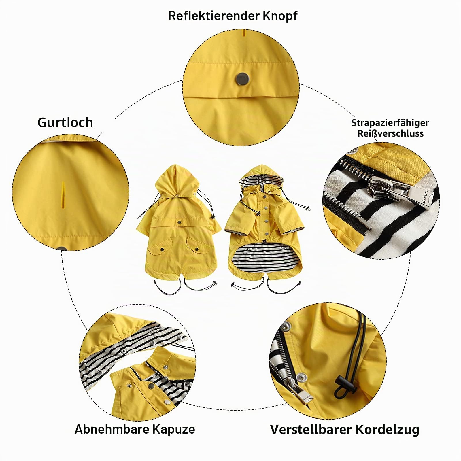 MOREZI Hunderegenmantel, mit Reißverschluss und reflektierenden Knöpfen, Regen-/wasserdicht, Verstellbarer Schultergurt, abnehmbare Kapuze, hält den Hund sauber und ordentlich-Gelb-L