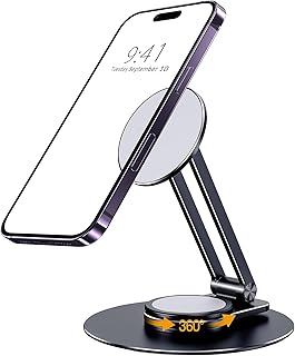 Magnetic Desk Phone Stand for iPhone, Aluminum Phone Stand Holder Dock with 360°Rotation Base Adjustable Foldable, Compatible with iPhone 15 14 13 12 Pro, Pro Max, Plus, Mini, Magsafe Case