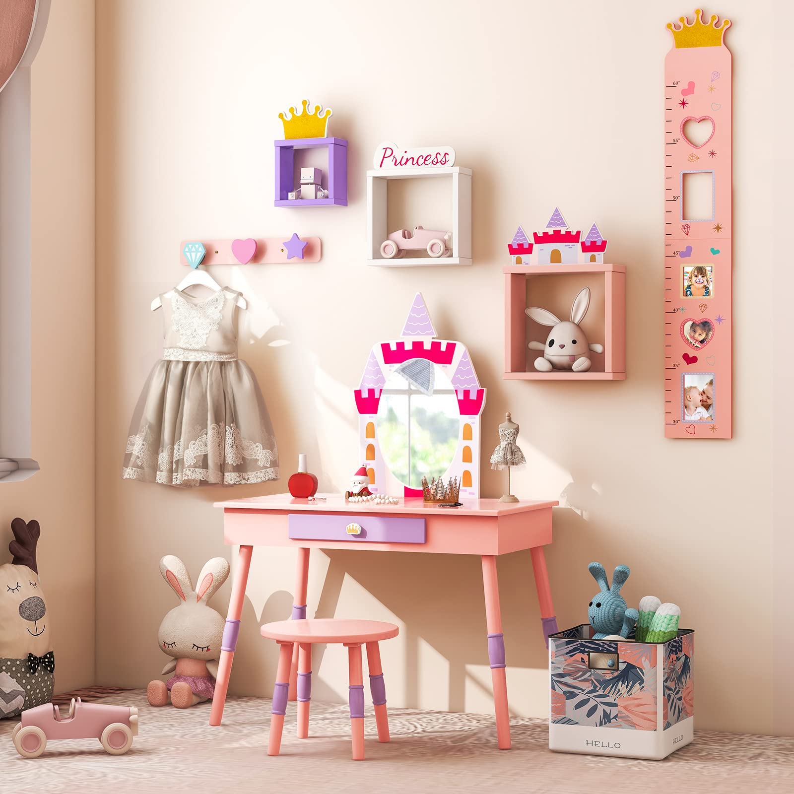 GOPLUS Kinder Schminktisch mit Spiegel, Prinzessin Frisiertisch mit Wachstumstabelle, Türhänger, Kleiderhaken & Wandregal, Kosmetiktisch Holz mit Hocker, Mädchen