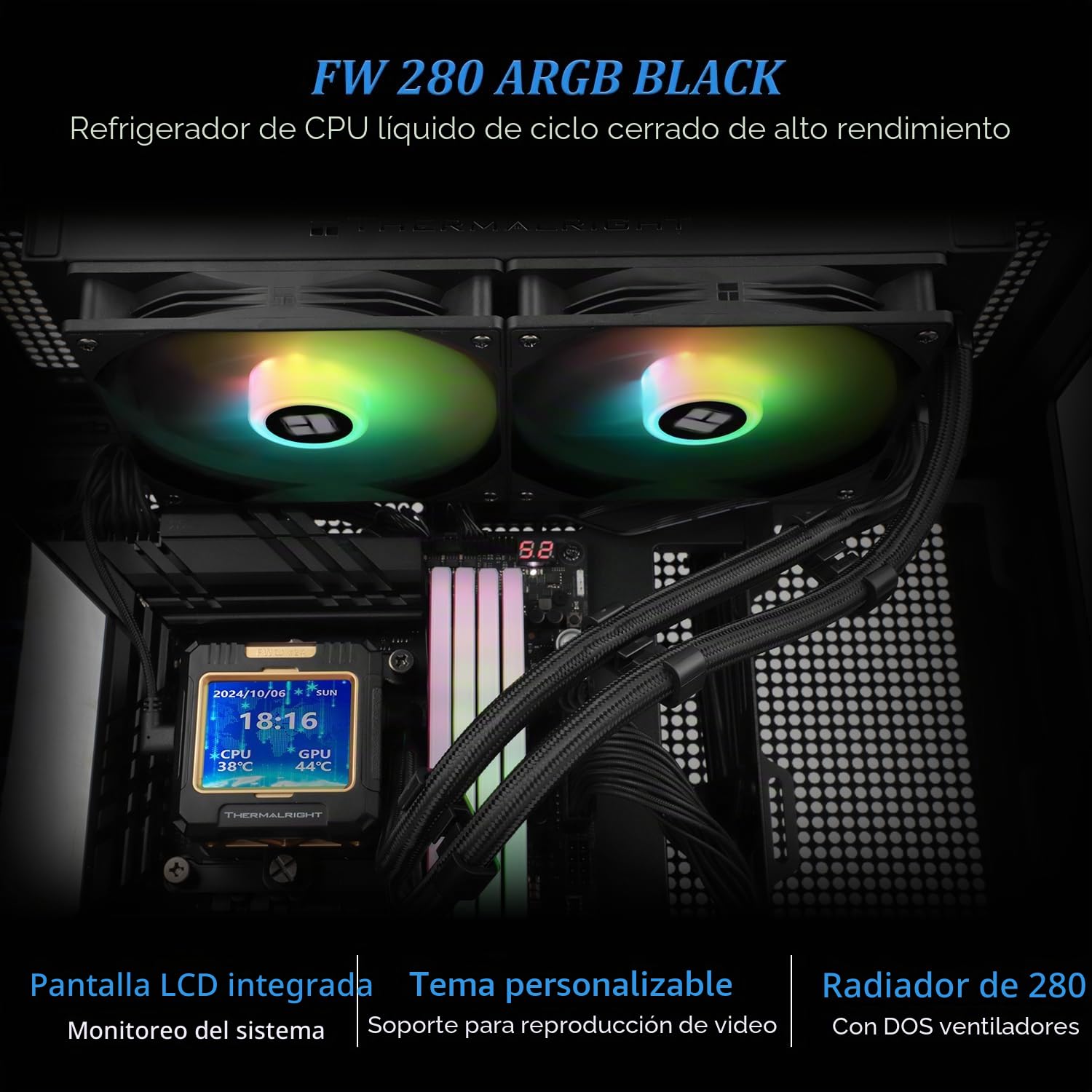 TR FW280 ARGB negro AIO CPU líquido refrigerante, pantalla LCD IPS con resolución 320 x 240, para AM4/AM5/Intel LGA1700/1851, pantalla LCD de absorción de sonido magnética de 2,4 pulgadas