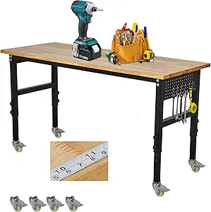 48" x 24" Workbench, MERXENG Rubber Wood Top Heavy Duty Work Bench with Scales, Pegboard, 6 Hooks, 2200 LBS Load Capacity, 8 Adjustment Height Work Table for Garage, Workshop, Office, Home, Wheels