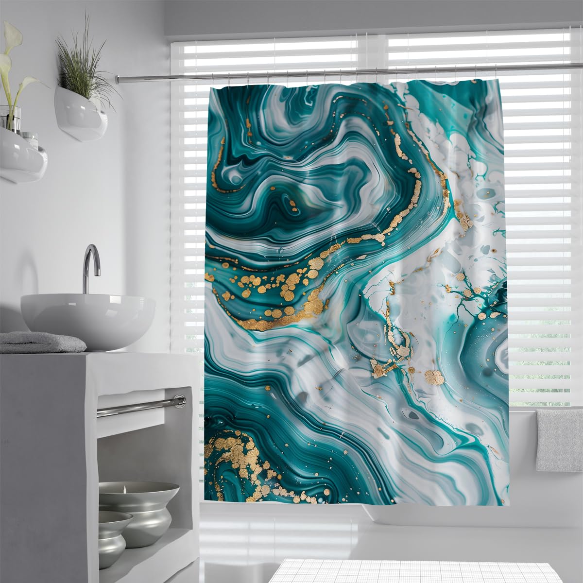 UIRINGART Luxury Bathroom Bathtub Curtains W180xL200cm Emerald Teal Green White Liquid Fluid Abstract Marble Swirl Yellow Lines Pattern Polyester Fabric Shower Curtain with Hooks