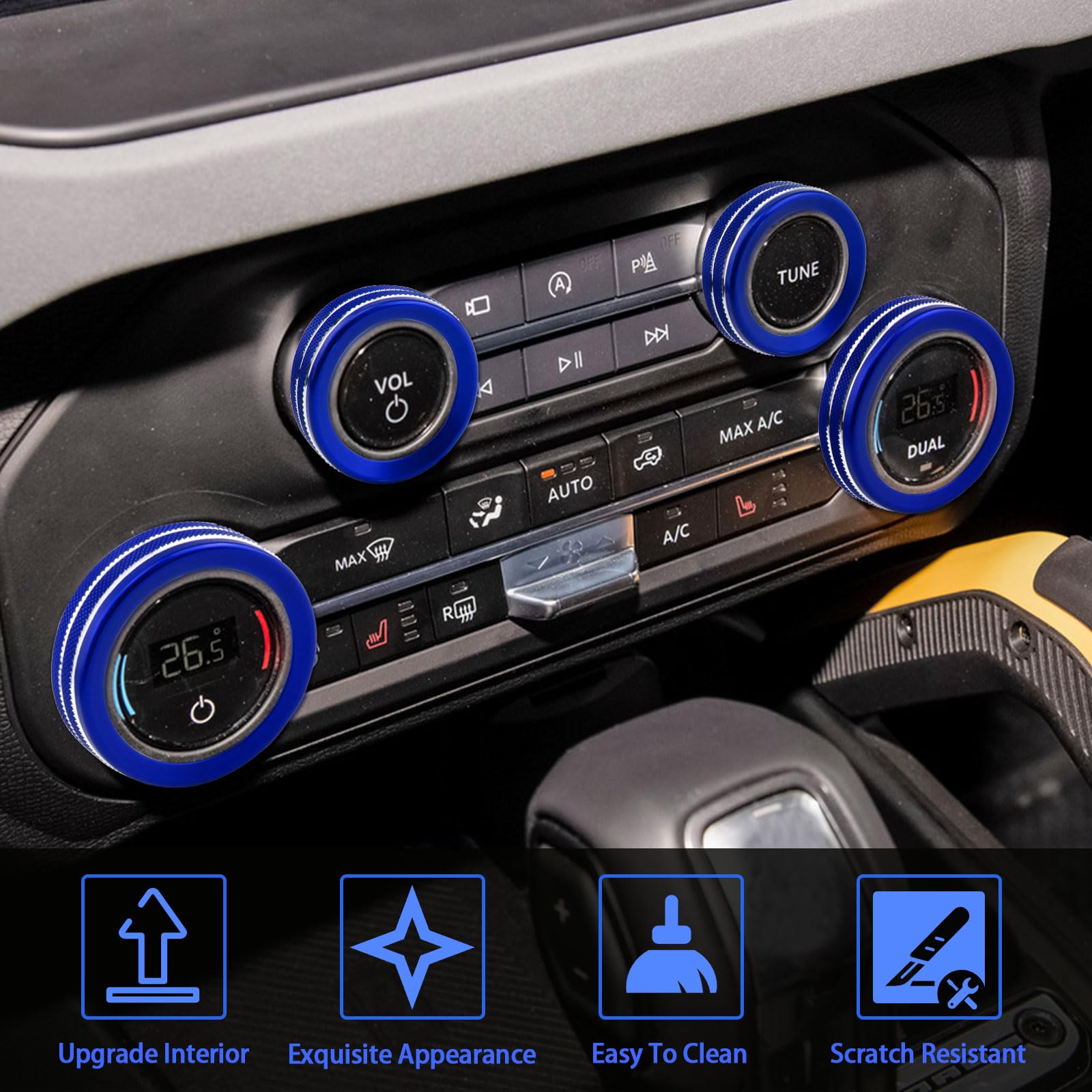 Savadicar Billet Aluminum Control Knob Trim Set For 2021-2025 Ford Bronco – Orange Bezels, 6-Piece