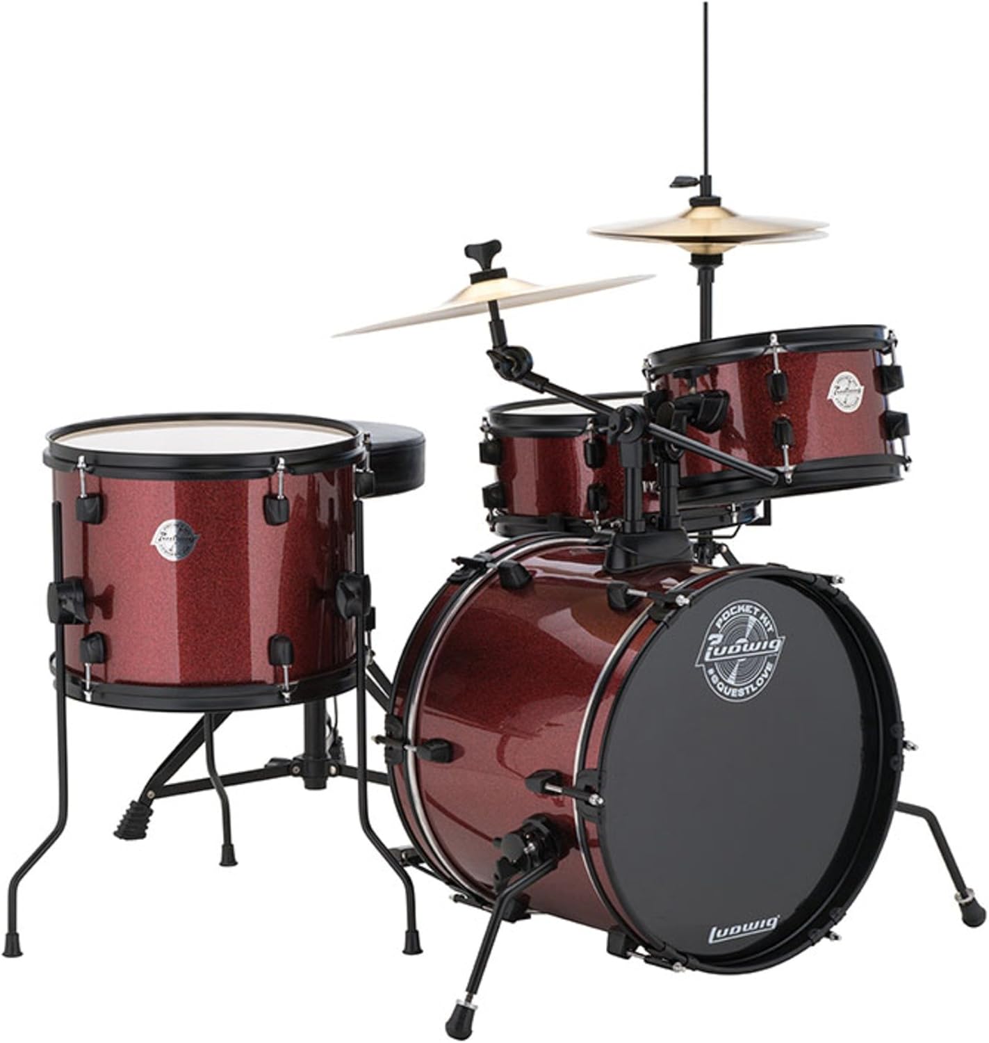 Ludwig Pocket Kit von Questlove | All-in-One-Schlagzeug für Einsteiger | Mit 4 Trommeln, Hi-Hats, Crash/Ride-Becken, Pedalen, Hocker und Drumsticks | Lackierung Weinrot (LC178X025)