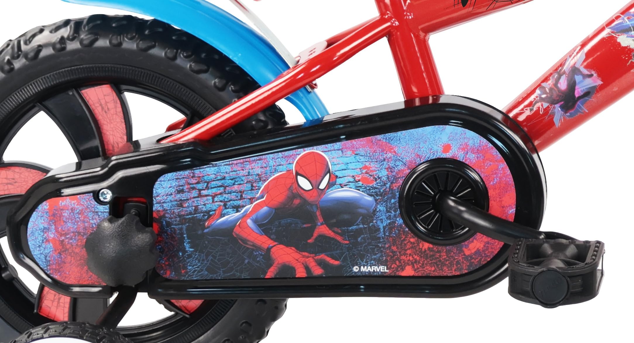 Vélo 12" Spiderman de Marvel/Disney - 1 Frein - Pignon Fixe - Pneus Increvables EVA - Roues Bâtons - Plaque - 2 Stabilisateurs - Garde Boue - Carter de Protection - Bidon arrière