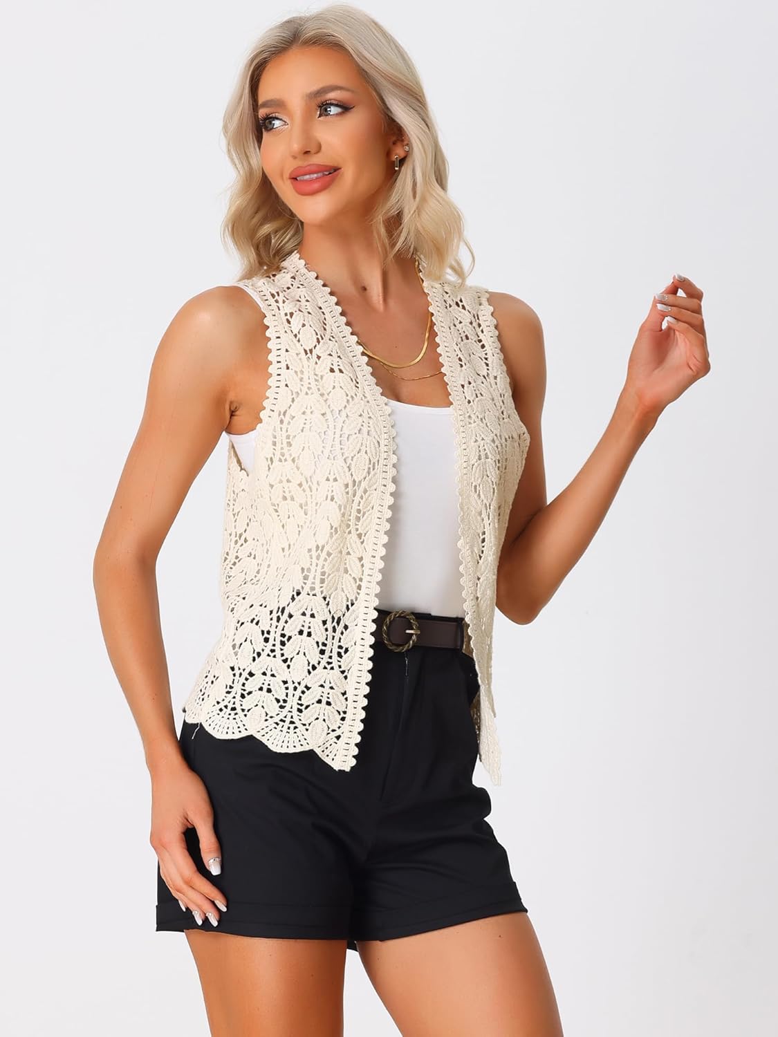 Allegra K Women's Floral Crochet Hollow Out Sleeveless Open Front Boho Vest Cardigan - Image 3