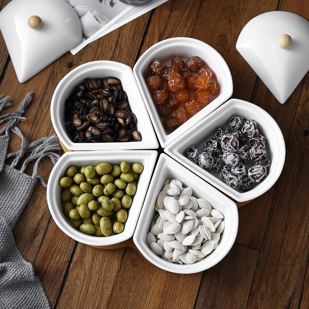 Plateau à goûter divisé avec 5 bols en céramique sur base en bambou – Parfait pour les apéritifs et les collations | Plateau de service polyvalent pour toutes les occasions