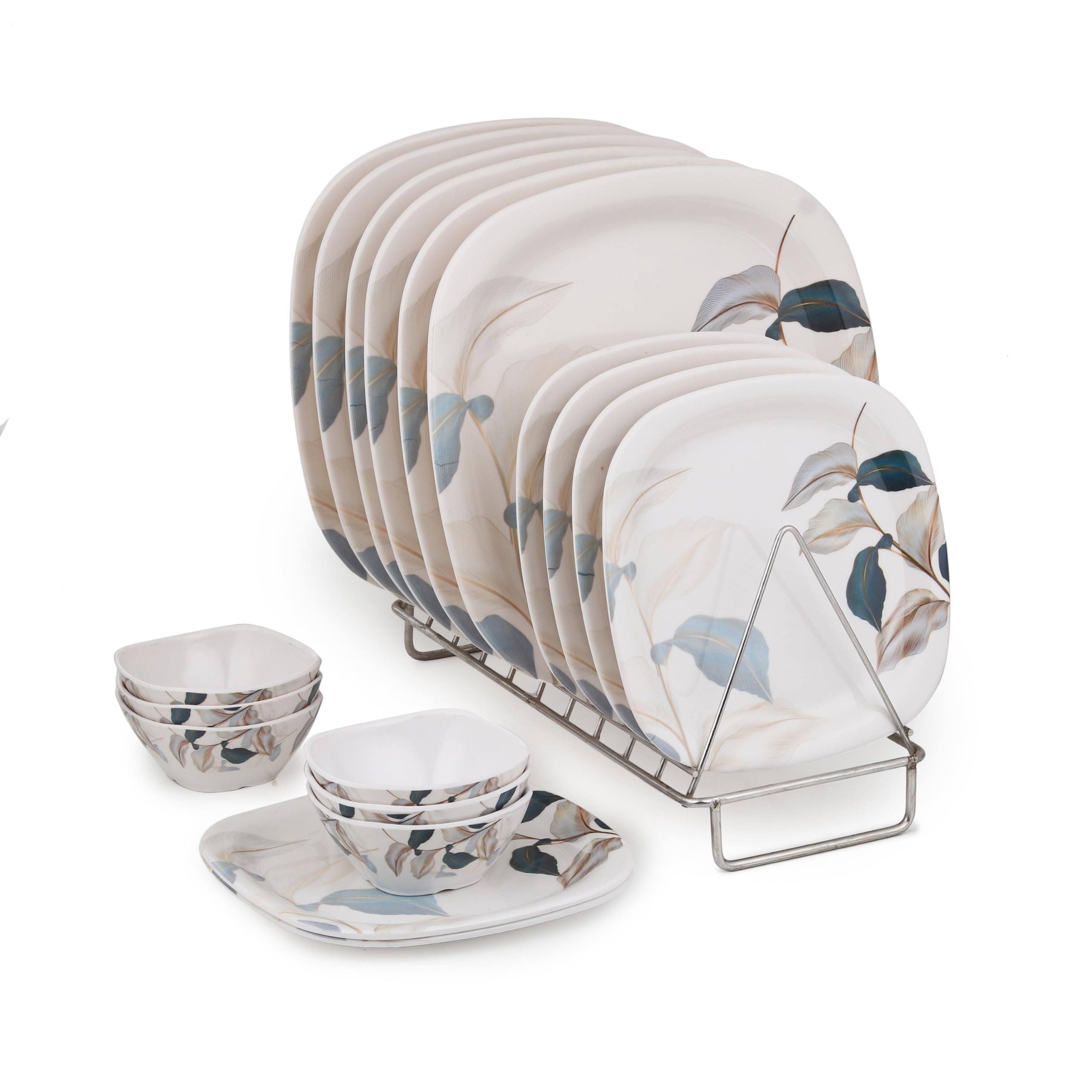 Golden Fish Melamine Square Dinner Set of 18 (6 Plates + 6 Veg Bowls + 6 Half Plates) | Blue-Grey Botanical Leaf Print | Unbreakable, Dishwasher & Microwave Safe-image-45