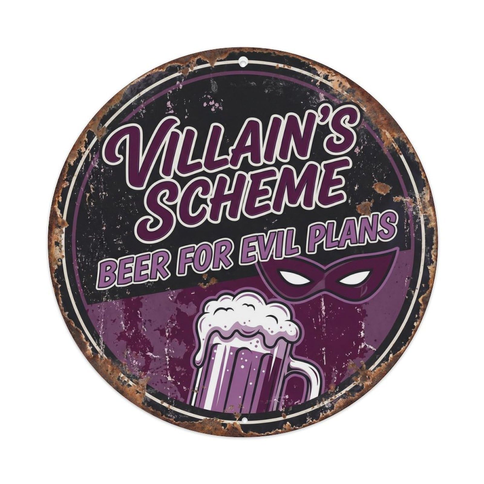 Retro Bar Style Villain Evil Garage Beer Metal Tin Sign Plaque Wall Decor for Cafe, Club, Garden Round Metal Poster 8x8Inch