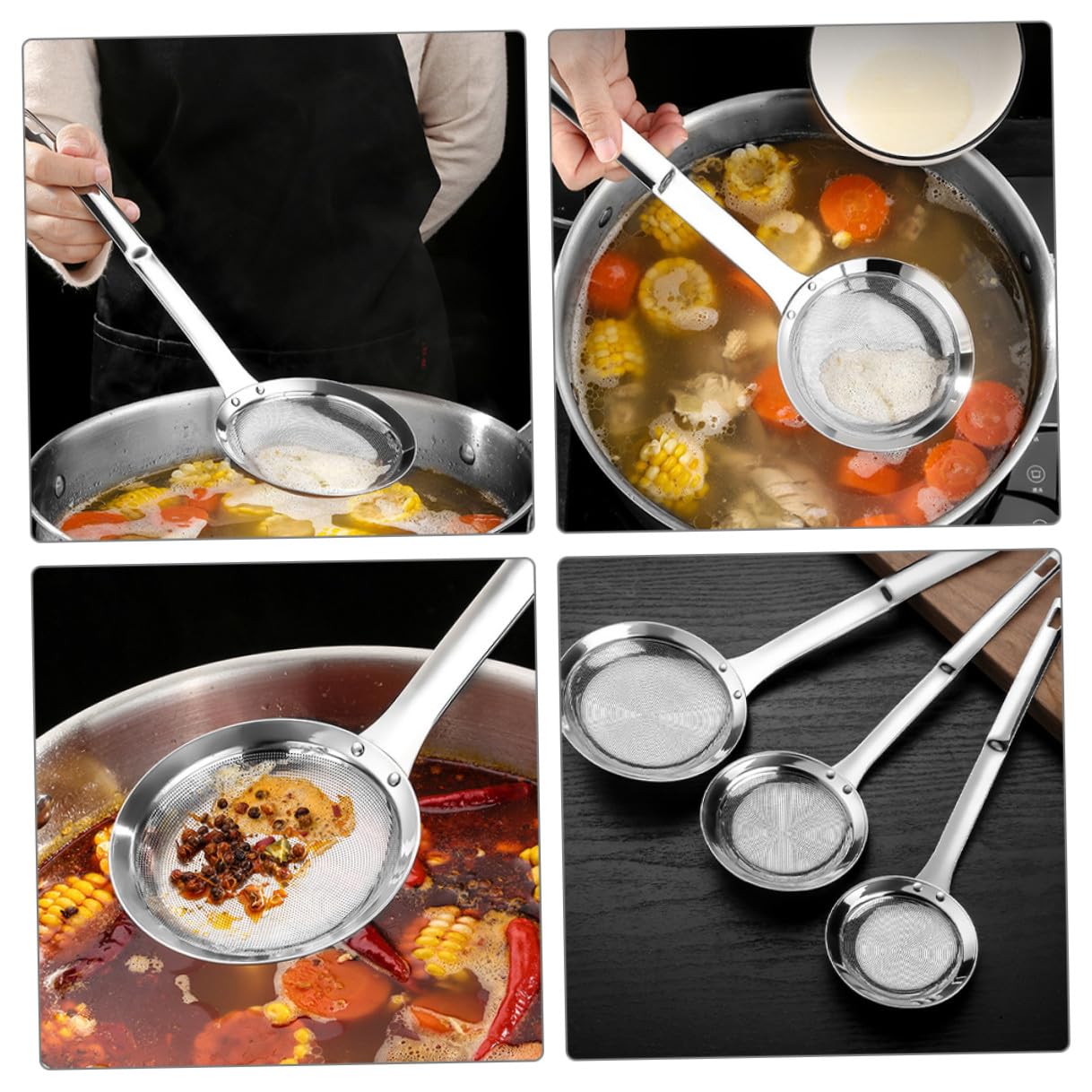 Set da 3 Pezzi Colino Cucina in Acciaio Inossidabile Rete Fine, Manico Comodo, Filtro per Farina e Soia, per Uso in Cucina Argento
