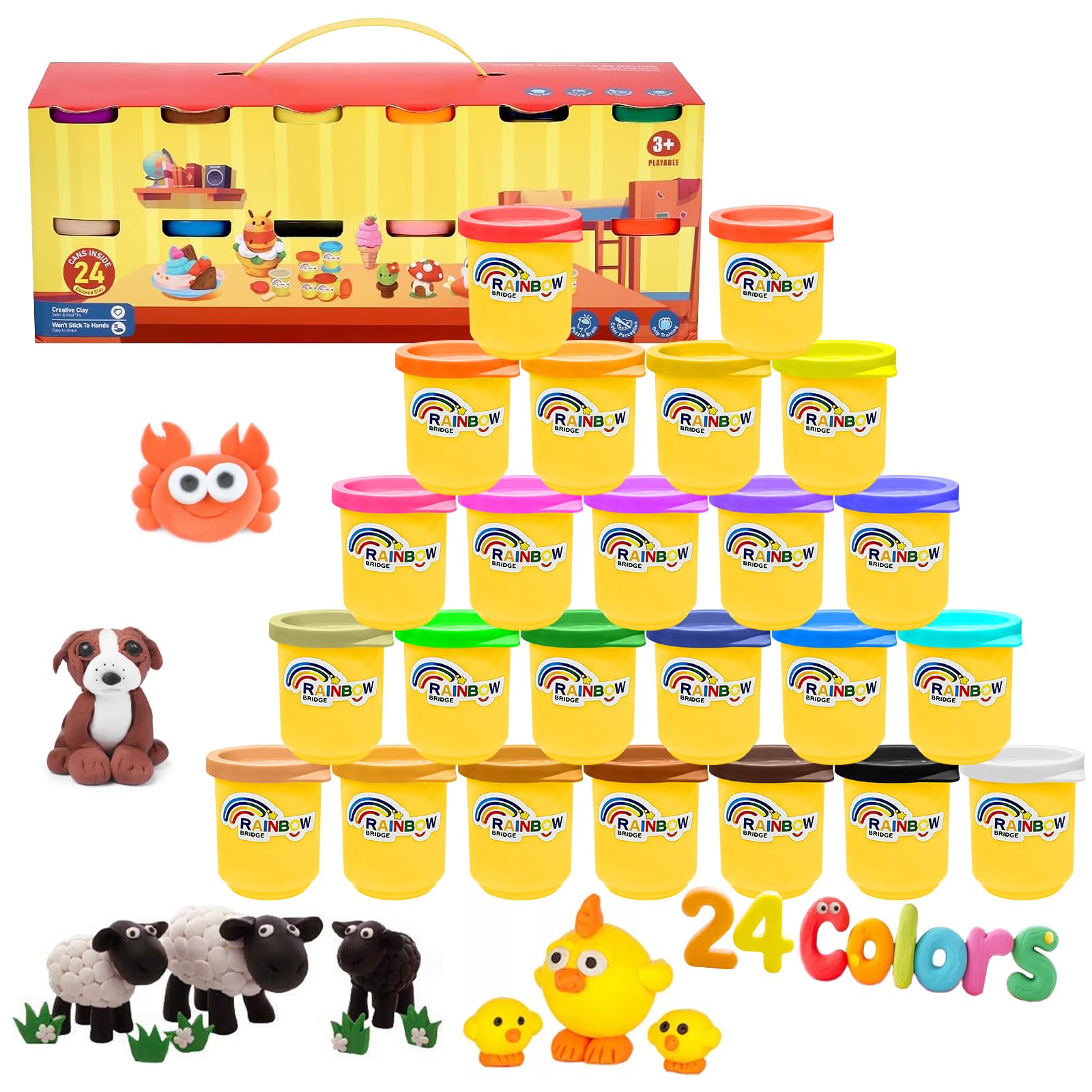 HONPHIER 24Tins Play Color Dough Modelling Set Plasticine Modelling Clay for Kids, Multicolour, Reusable, Resealable Modeling Clay for Kids' Arts and Crafts, About 50g/Tin