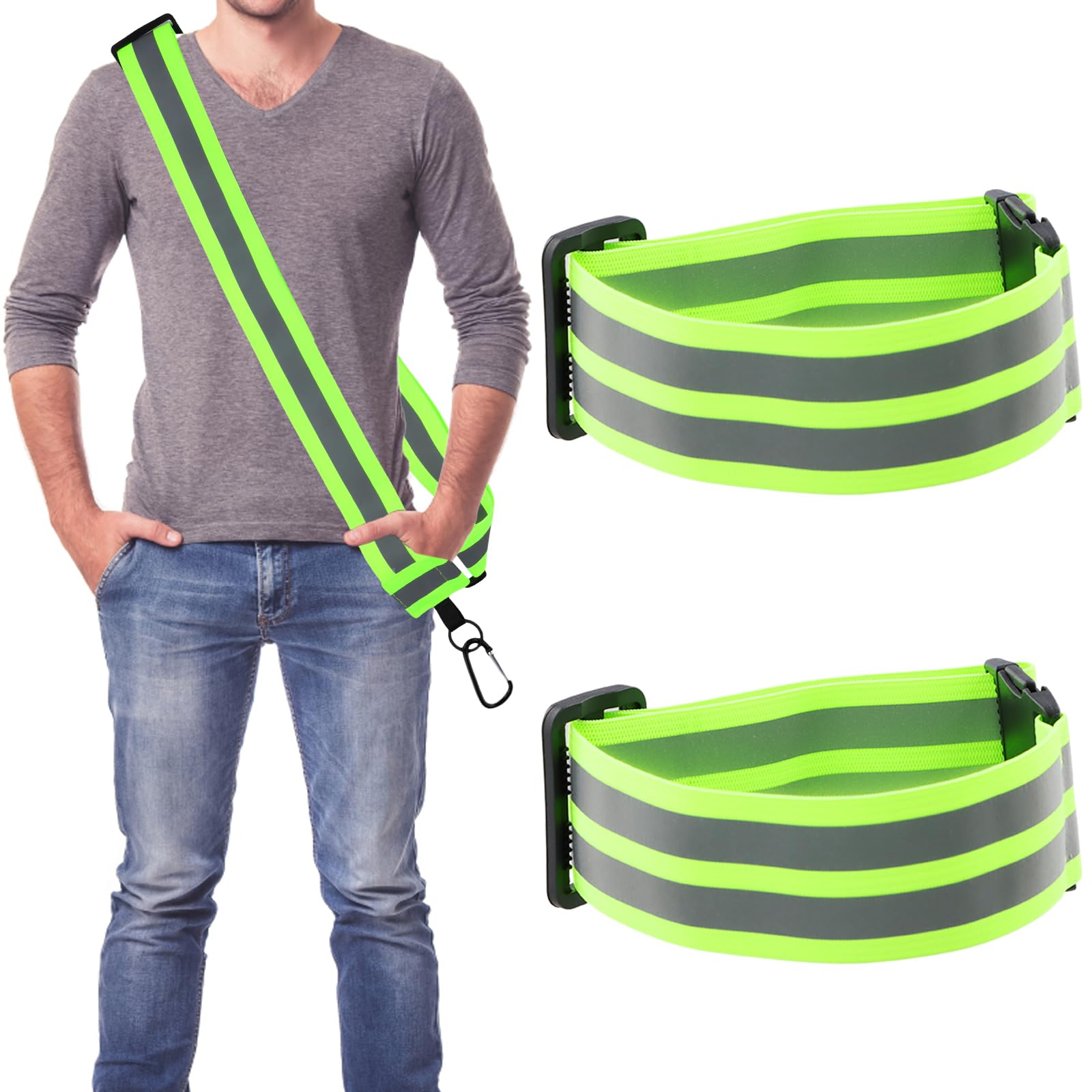 3 Pezzi Attrezzatura da Corsa Riflettente, 2 Bracciale Riflettente Elastici, Cintura Regolabile ad Alta visibilità, Bracciali Sportivi Riflettenti Regolabile per Corsa Bicicletta Passeggiate