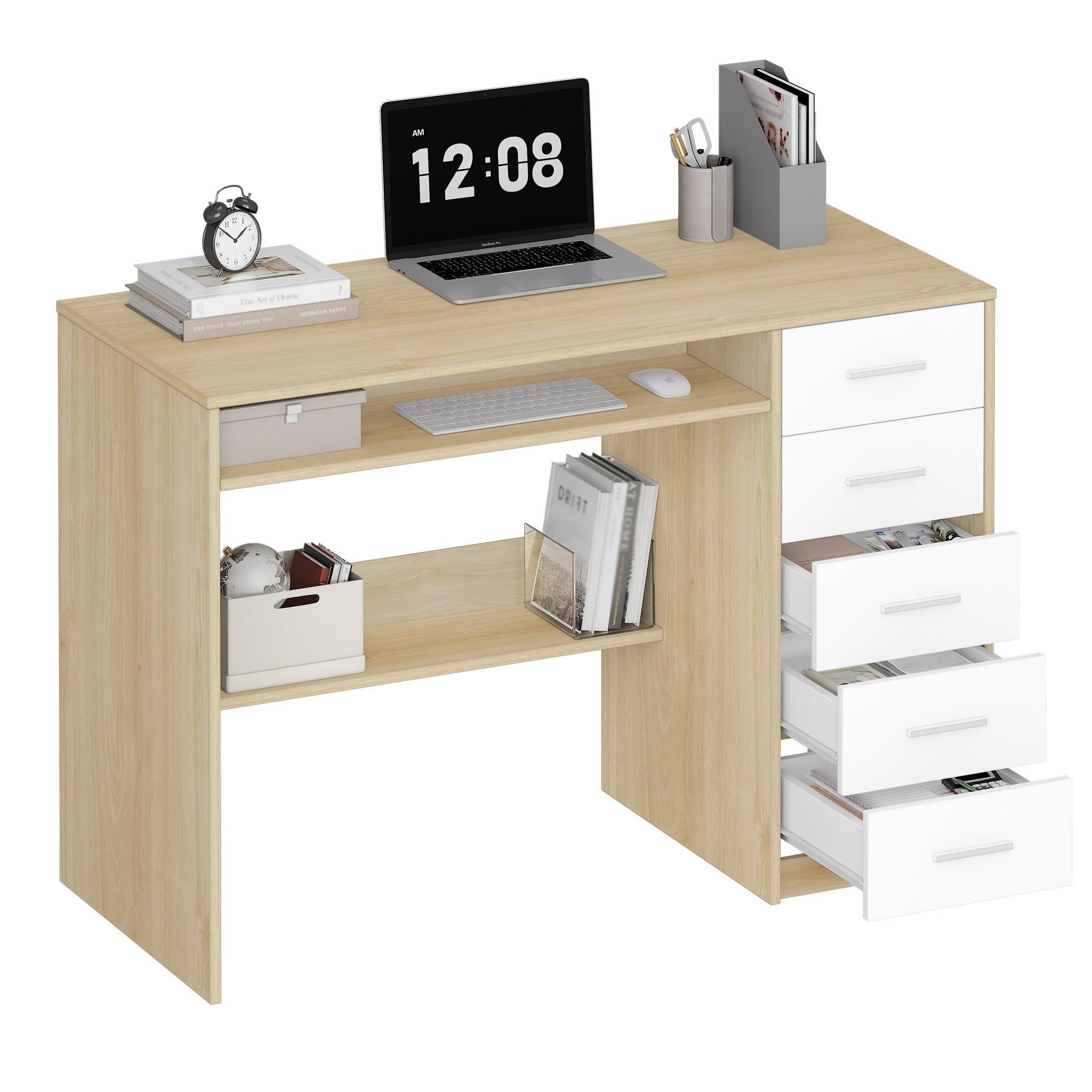 Hzuaneri Mesa Ordenador con 5 Cajones, Mesa de Oficina, Escritorio Moderno con Almacenamiento, para Estudio, Oficina, Dormitorio, 50 x 108 x 75 cm, Roble y Blanco CD10531X
