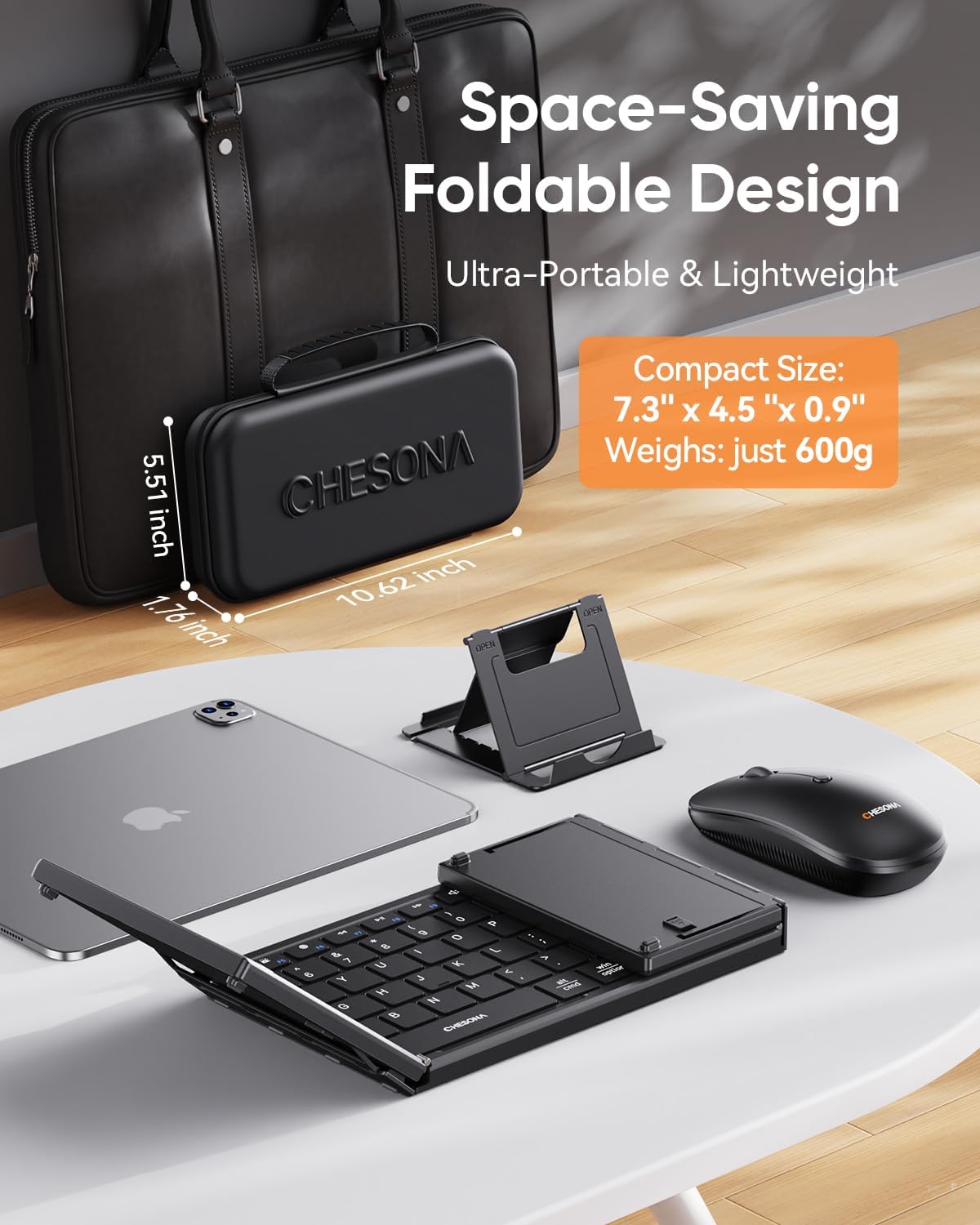 CHESONA Foldable Keyboard and Mouse Combo - Ultra Slim 600g with 2.4G+Dual Bluetooth Compact Wireless Folding Keyboard with Stand - Portable for Business/Travel with Case - Win/Mac/iOS/Android - Black