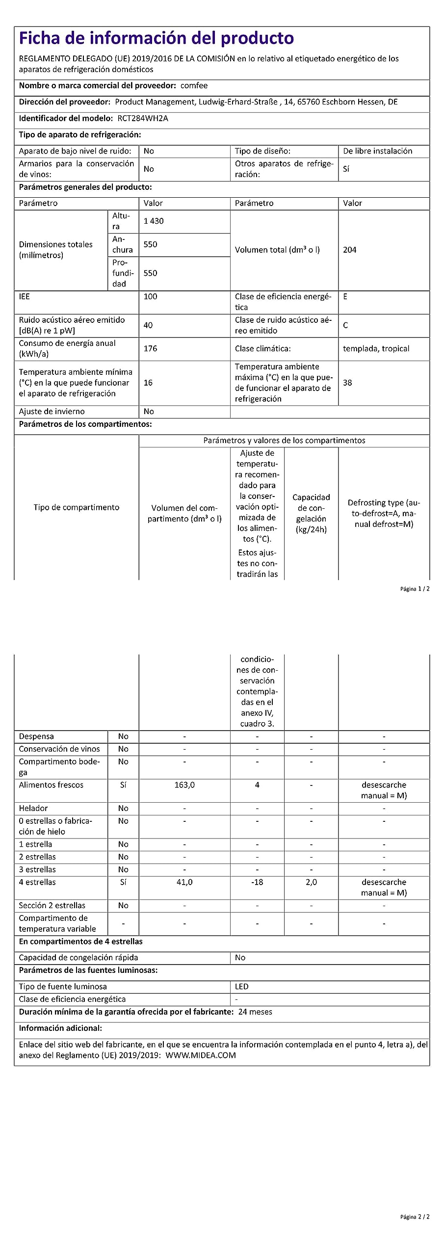 COMFEE' RCT284WH2A frigorifero con congelatore/congelatore superiore/176 kWh/anno/143cm Altezza/Luce LED/Cerniera porta reversibile/Bianco