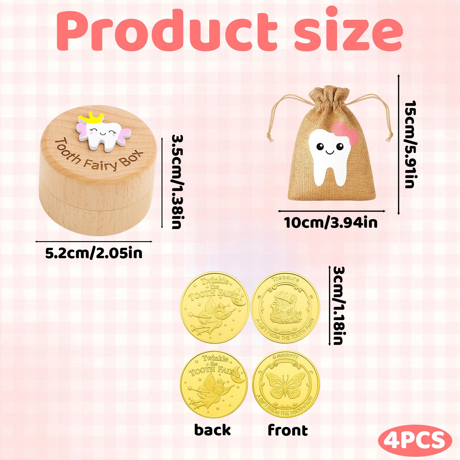 Wnzdp 4Pcs Tooth Fairy Kit with Wooden Box, Keepsake Bag, and 2 Coins - Image 2