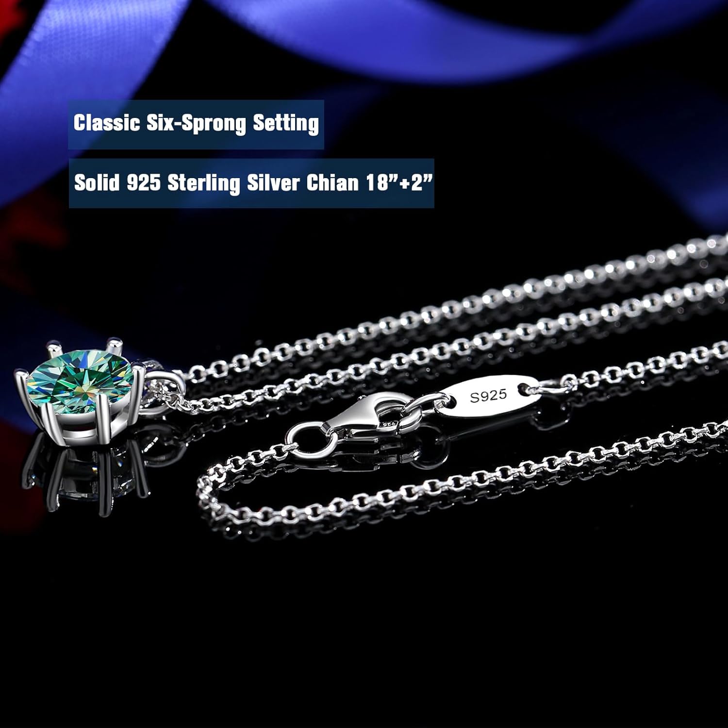 925 Sterling Silver 1-2CT Cyan Moissanite Necklace for Women, D Color VVS1 Clarity Pendant 18K White Gold Plated Jewelry Gifts for Her
