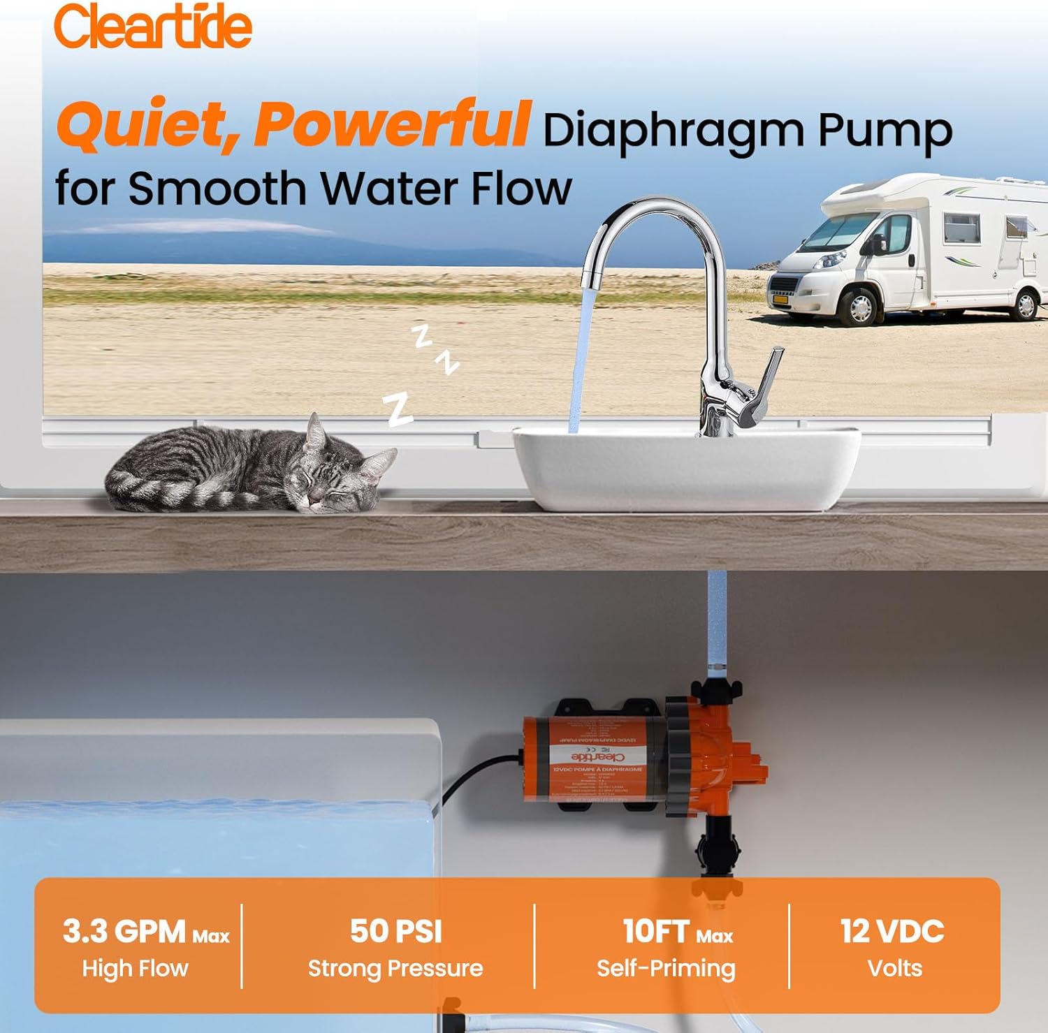 Cleartide DC Diaphragm Water Pump, 12V, 3.3 GPM, 50 PSI, Self-Priming 10FT, Self-Diagnosis & Dry-Run Protection, Built-In Pressure Switch, Water Pressure Booster Pump for RV/Camper/Marine/Outdoor