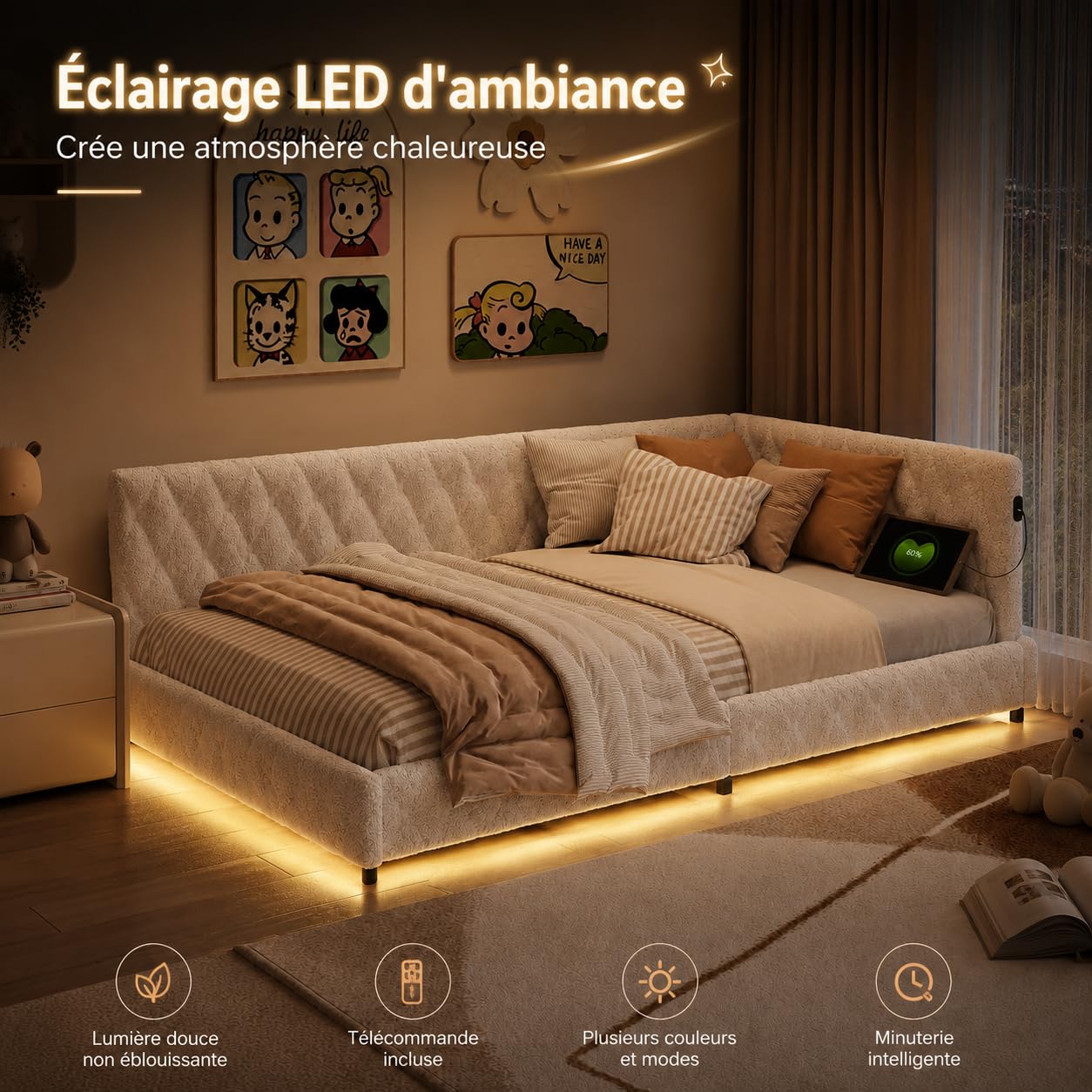 Kinderbett Polsterbett 140x200,Einzelbett Multifunktionsbett mit LED-Beleuchtung und USB-Aufladung,Jugendbett 140x200 mit Led,Bettgestell mit Lattenrost,Ohne Matratze,Teddy Velvet
