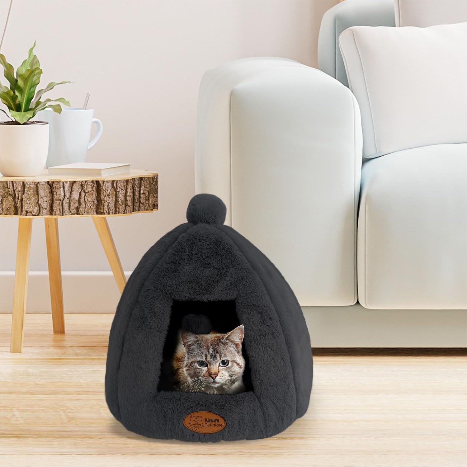 Niche pour Chiens et Chats, antidérapante en Tissu Duveteux Doux, Lavable, Design de Rideau avec Balle de Jeu, 43 x 43 x 43 cm - Igloo Noir