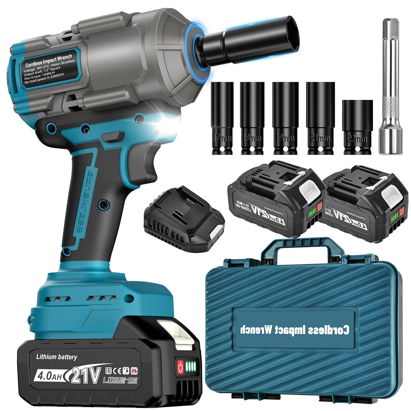 Yofuly 1200Nm Pistola de Impacto Compatible con baterías Makita de 18v, 1/2" Llave de Impacto Electrica sin Escobillas con 2 * 4000mAh Baterías, Cargador Rápido, 5 Vasos, Extensión
