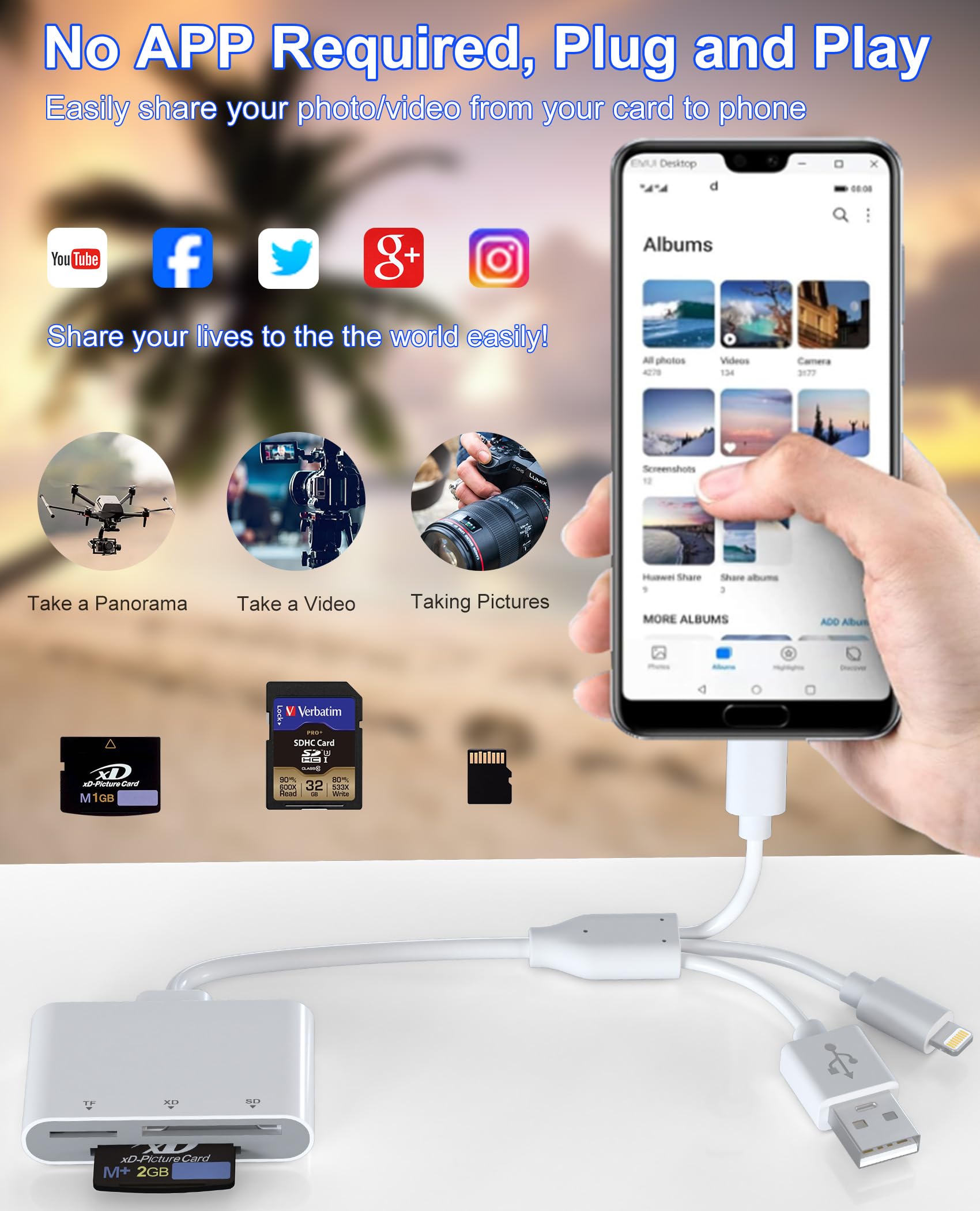 Lector de tarjetas XD, lector de tarjetas SD para iPhone/Lightning/USB C/USB, 3 en 1 MicroSD/SD/xD, lector de tarjetas de memoria, adaptador de teléfono, uso para Android, iPhone 16/15/14, iPad