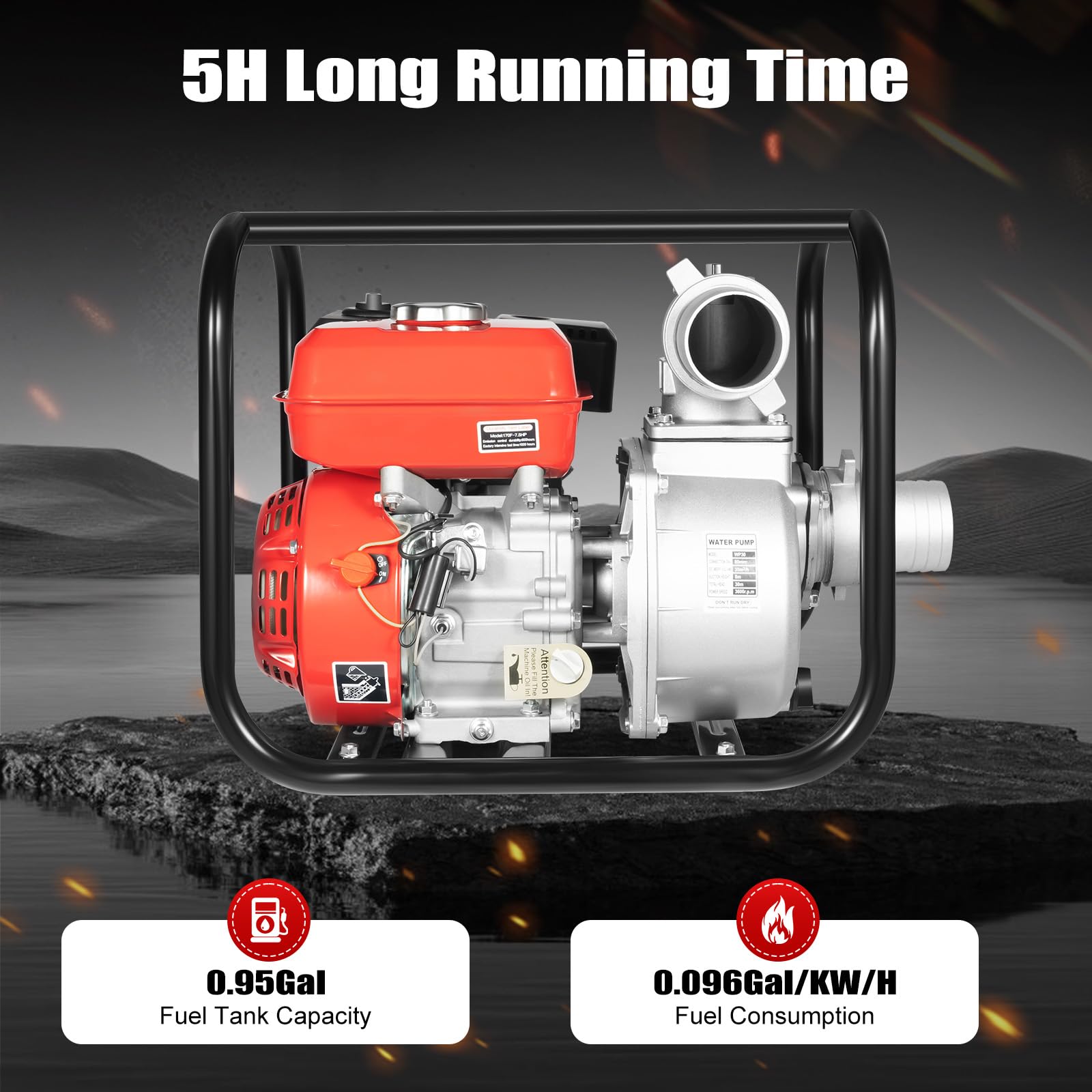 Pompa dell'acqua a benzina a 4 tempi, 212 CC, 7,5 CV, pompa da giardino, pompa per acqua sporca, con lunghezza del tubo dell'acqua di 7,5 m, altezza di erogazione di 30 m, altezza di