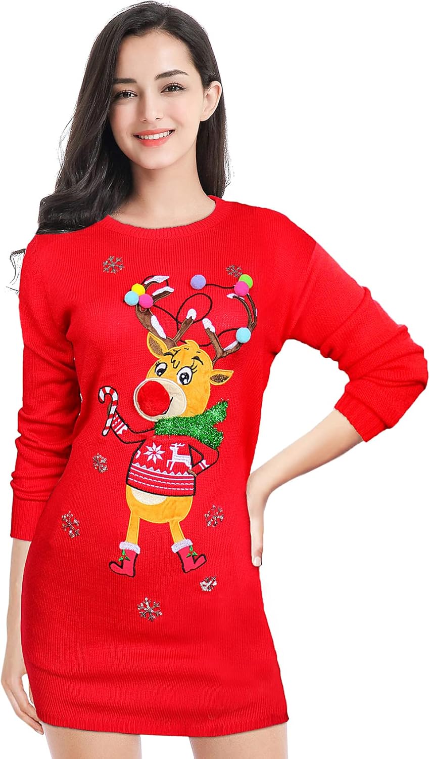 v28 Varied Ugly Christmas Sweater for Women Funny Reindeer Knit Sweaters Dress